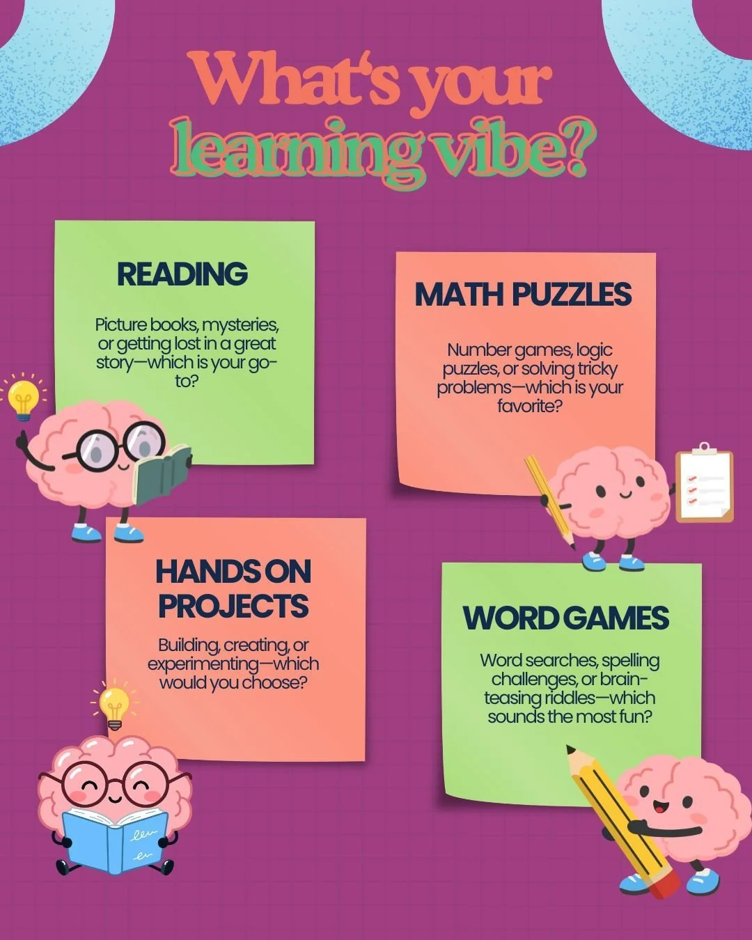 ✌️🌼 Let&rsquo;s get groovy with learning! 📚✨

Every learner has their own favorite way to learn! Is your child all about word games, math puzzles, hands-on projects, or curling up with a good book? What do YOU like?🎨🔢📖

👇 Which one is YOUR favo