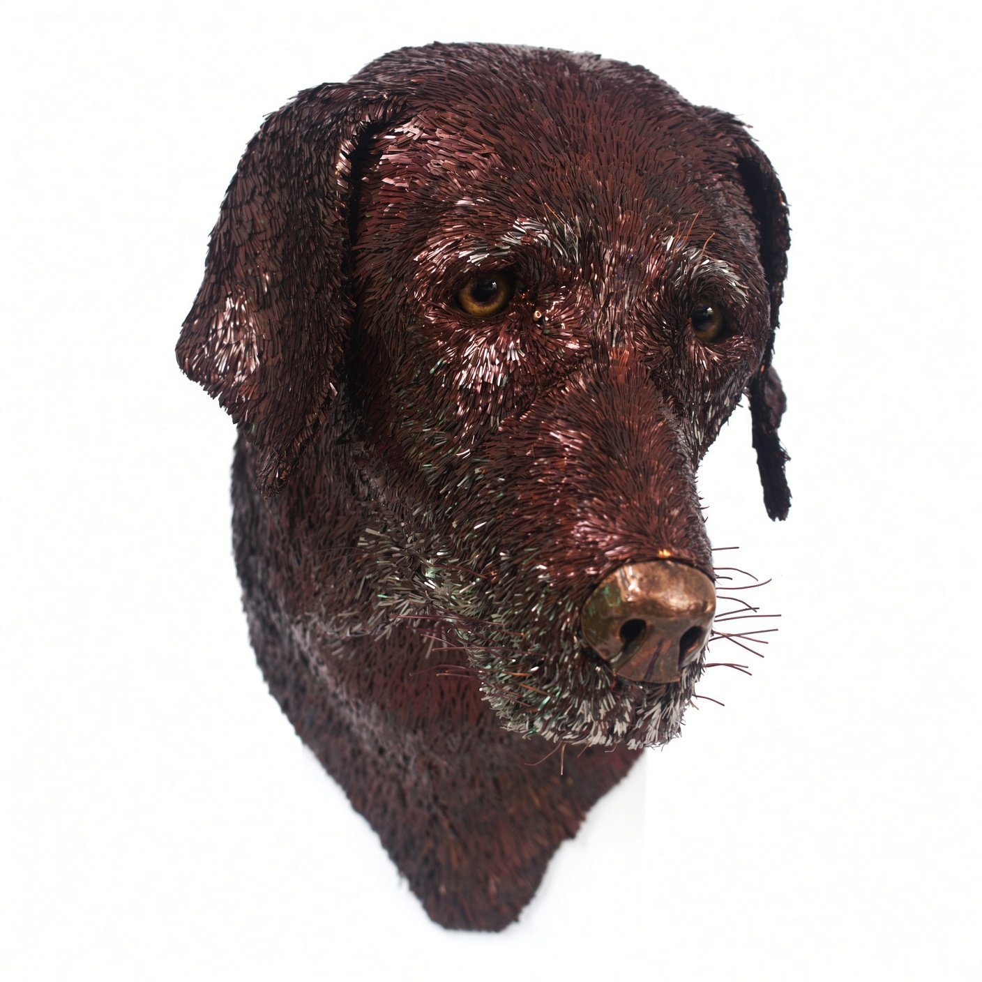 handmade copper bust of our chocolate lab "Julie"- front picture.