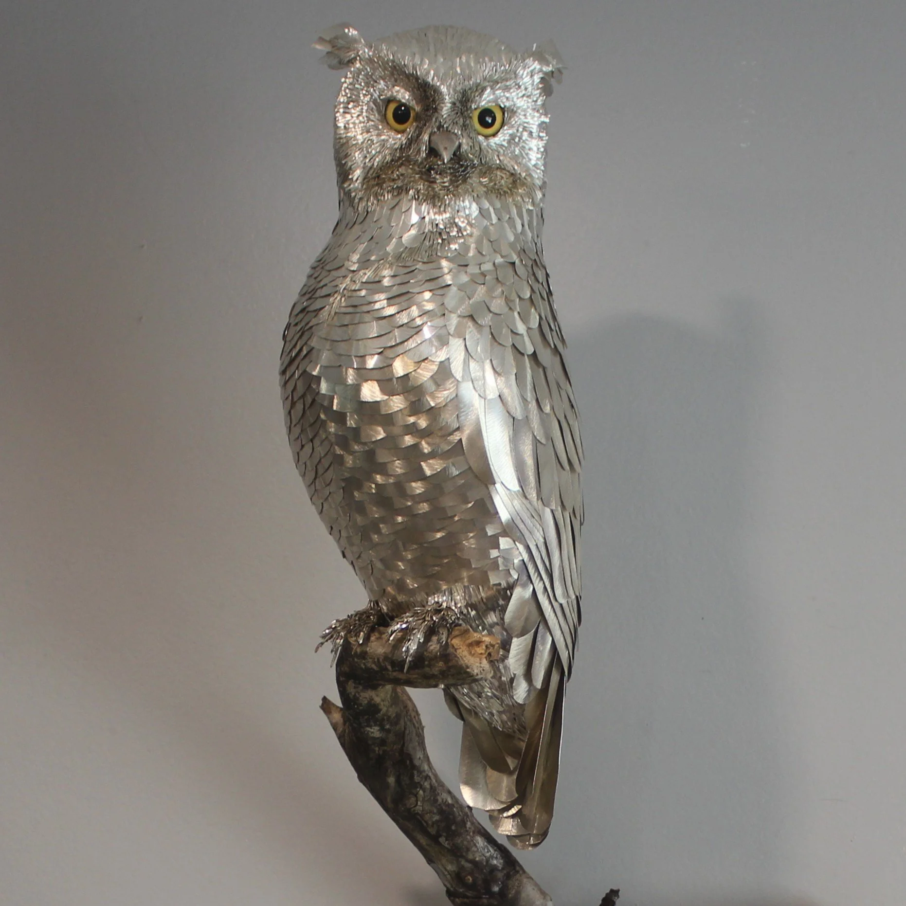 Sterling silver great horned owl, full front view