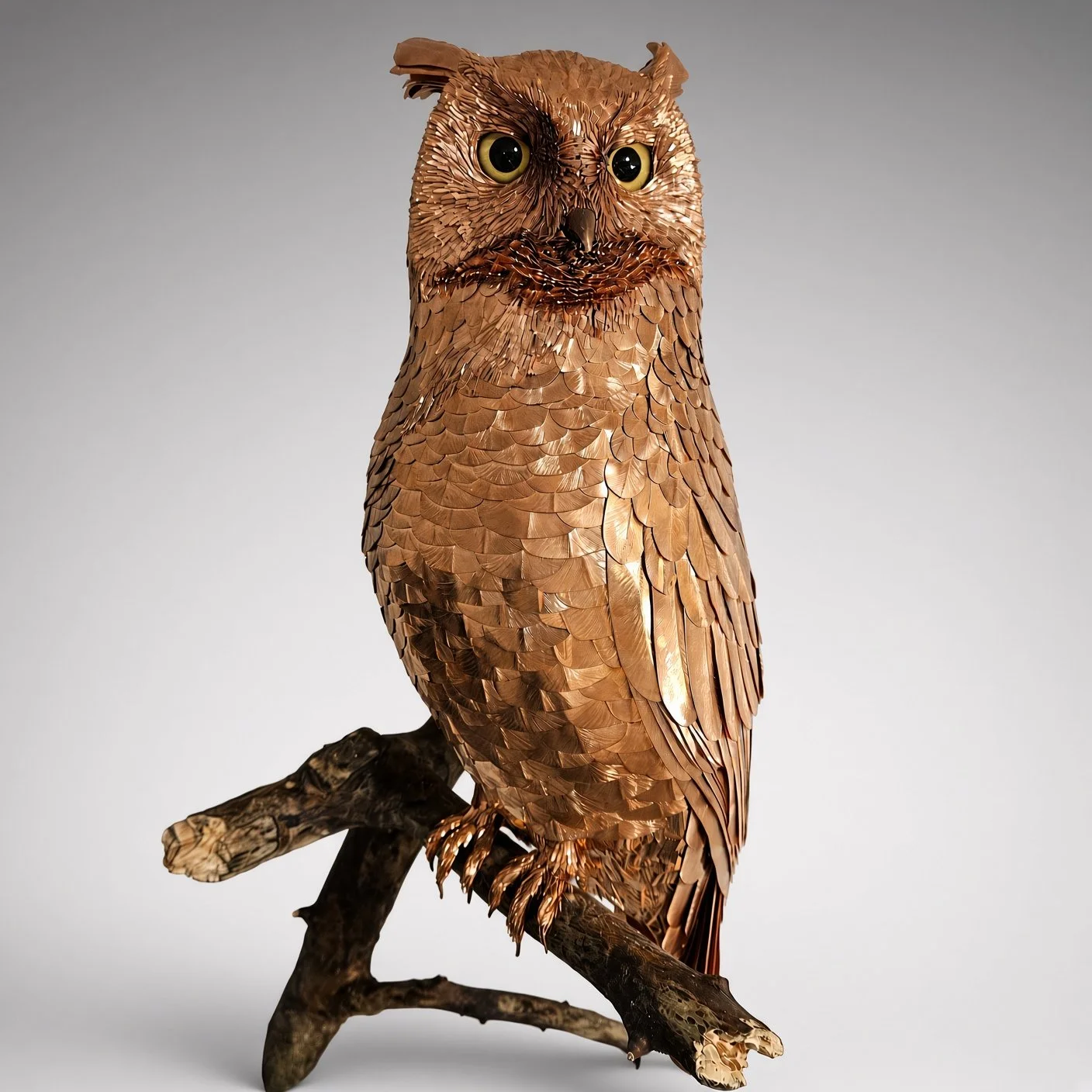 Handmade copper great horned owl, front view