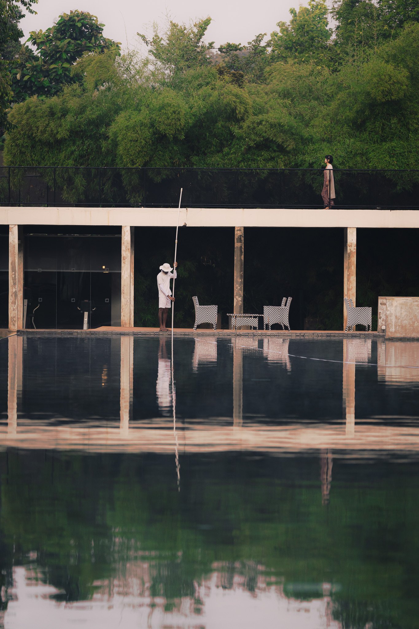 Jetwing Lake Hotel architecture and greenery reflected in the swimming pool, Sri Lanka.
