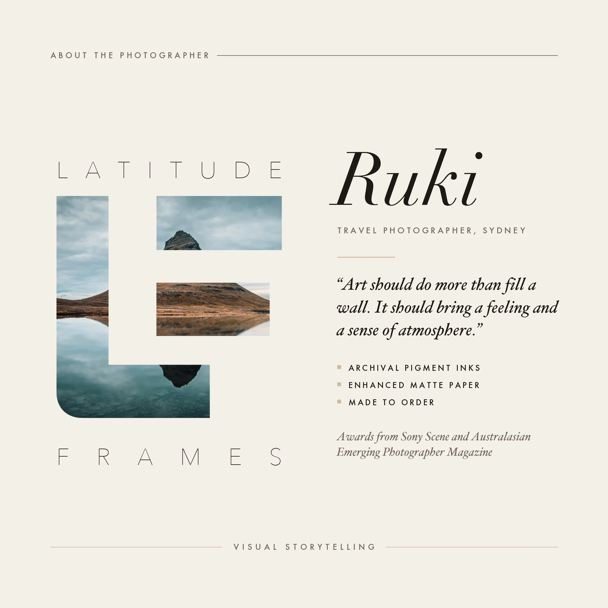About Ruki, Sydney travel photographer: cream Latitude Frames card with a photographic LF monogram and details of made-to-order enhanced matte prints with archival pigment inks.