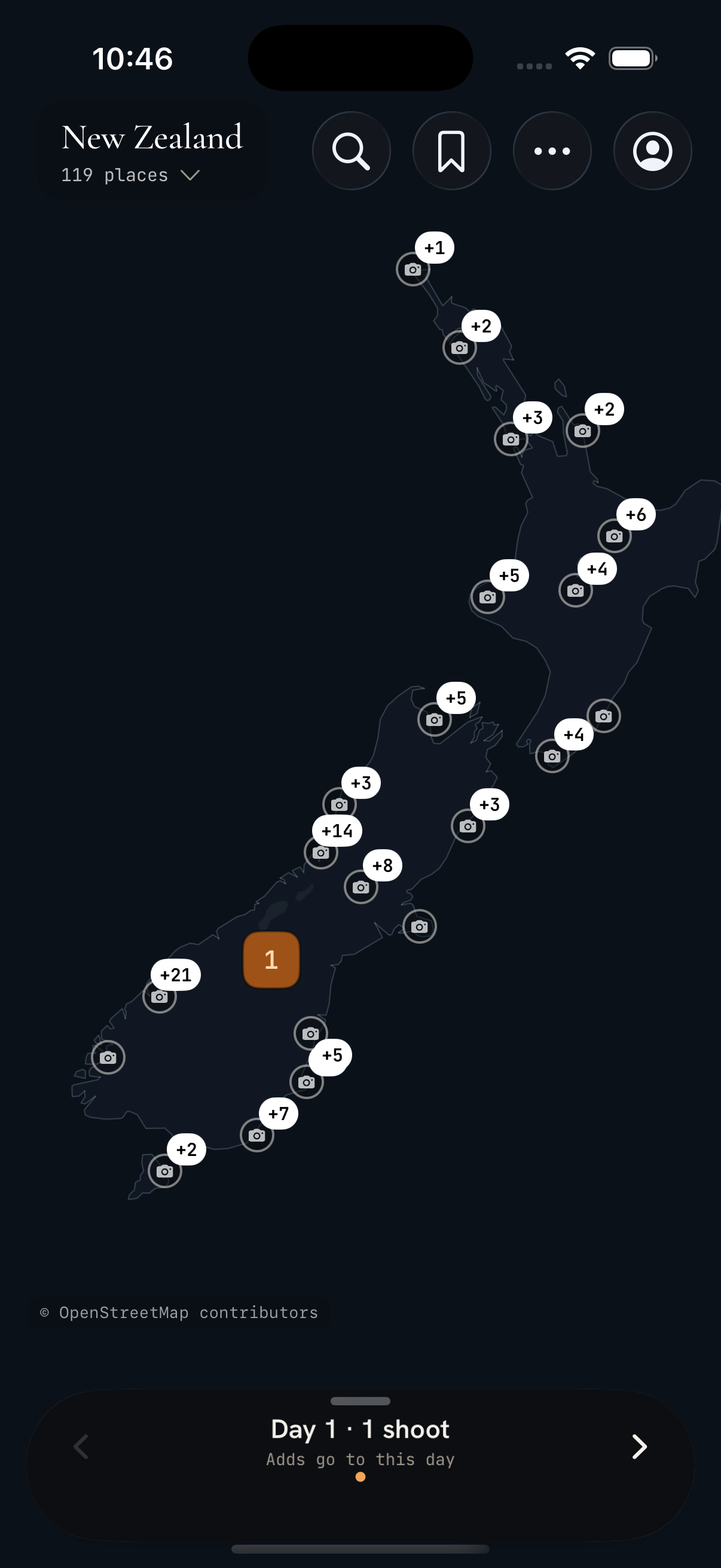 Wayframe development preview showing photographic places on a map of New Zealand and a trip day selector.