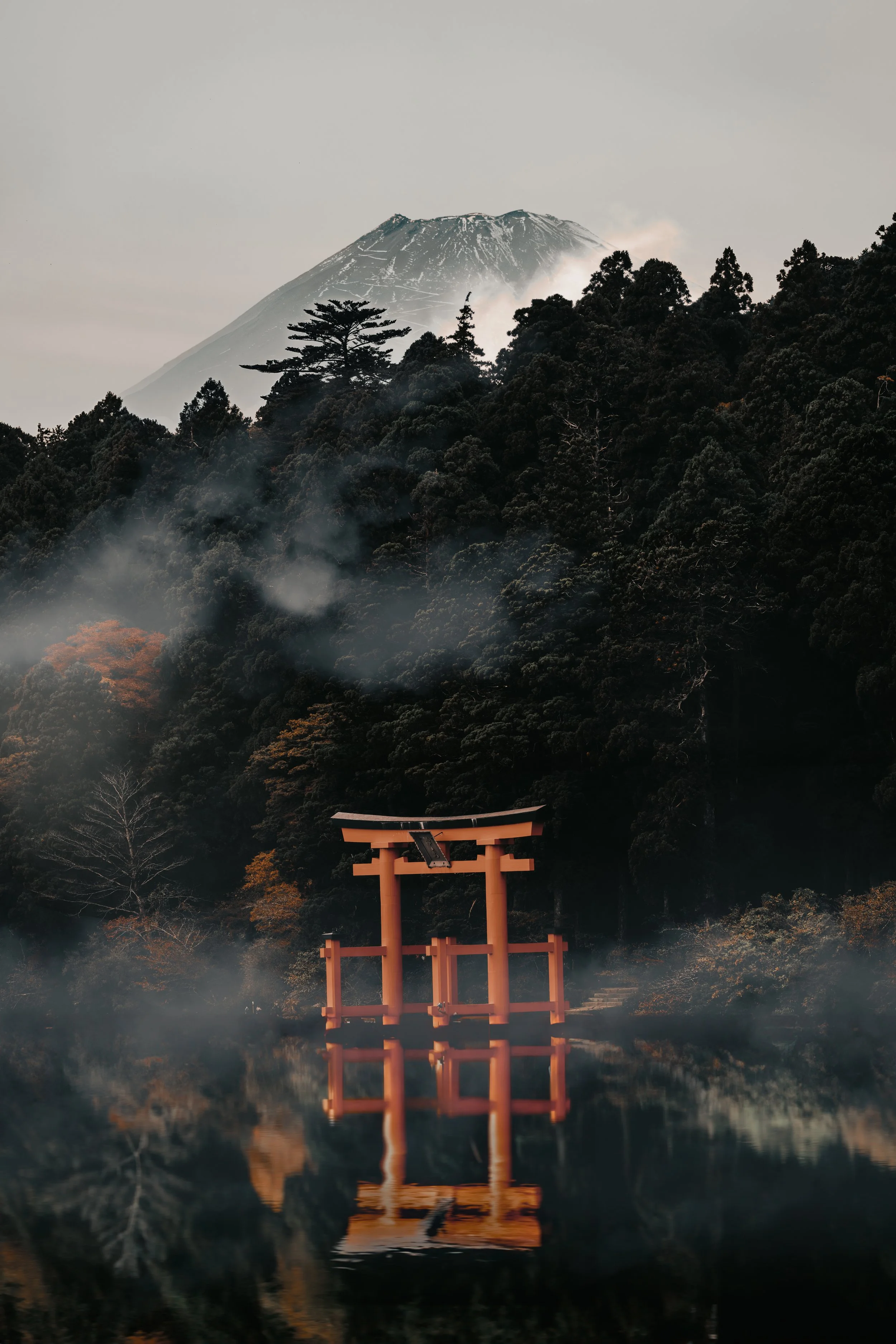 A traditional Japanese torii gate reflected in a body of water, with a misty forest and mountain in the background.
