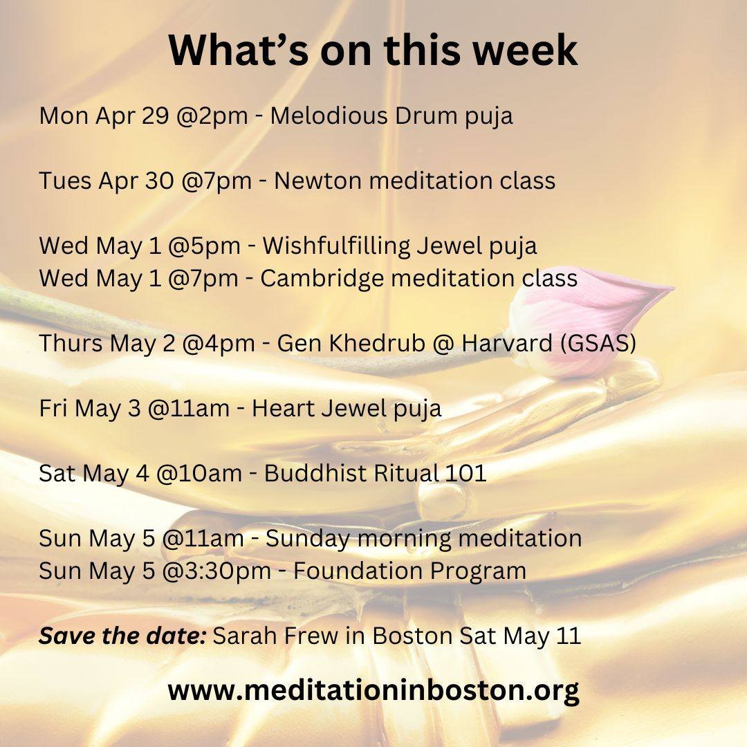 What's on this week? Here are some highlights. A fun workshop coming up on Saturday with Gen Khedrub and Nini Rodriguez on Buddhist Ritual 101: symbols, art and practice.

🙏Mon 2pm. Melodious Drum puja.

🧘Wed 7pm. Drop in class in Cambridge, beginn