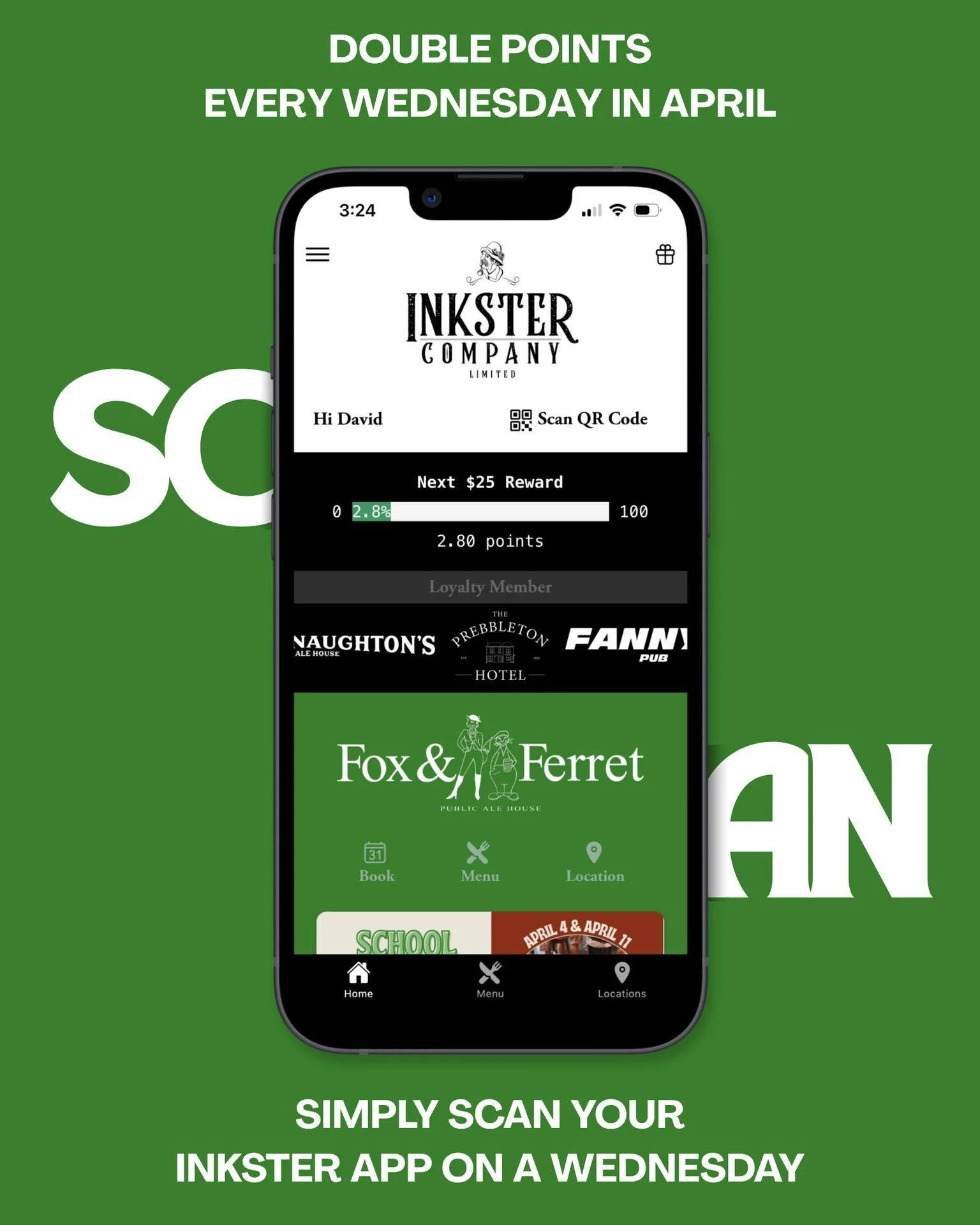 Double points, every Wednesday in April 😎

Scan your Inkster app when you visit and we&rsquo;ll double your points, simple as that.

Bonus points will be added at the end of the month, so don&rsquo;t worry if they don&rsquo;t show immediately.

Spic