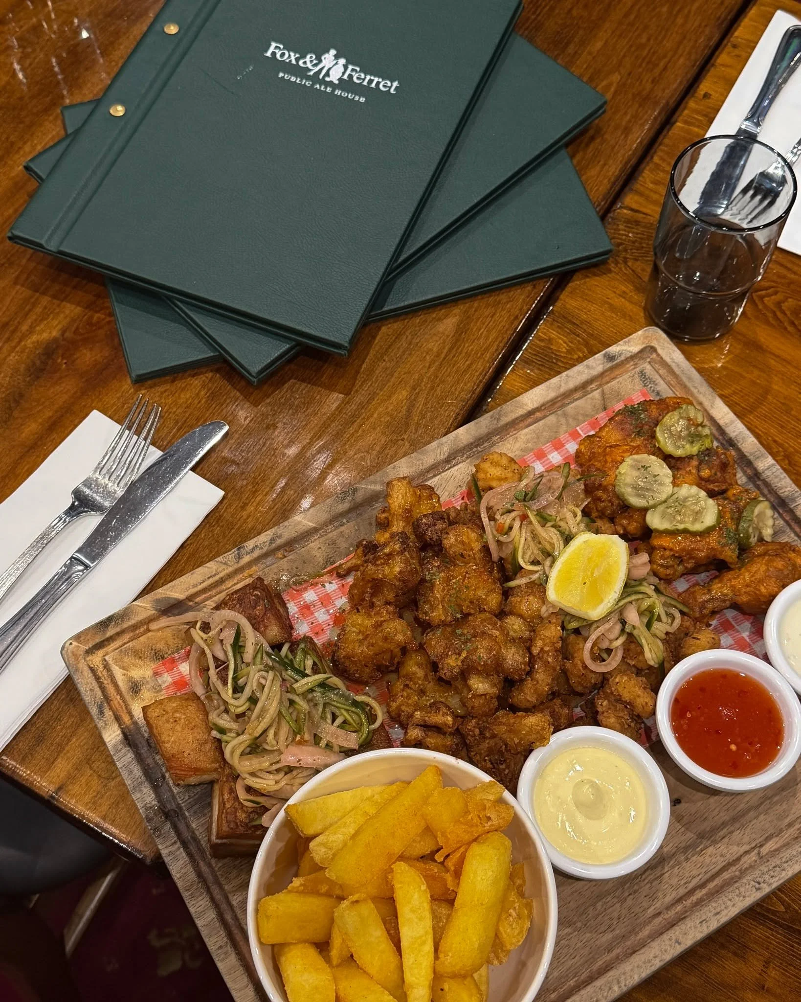 [FOX PLATTER] pork belly bites, chicken wings, cauliflower bites, salt &amp; pepper squid, fries and sauces.

Easily the best thing at party.