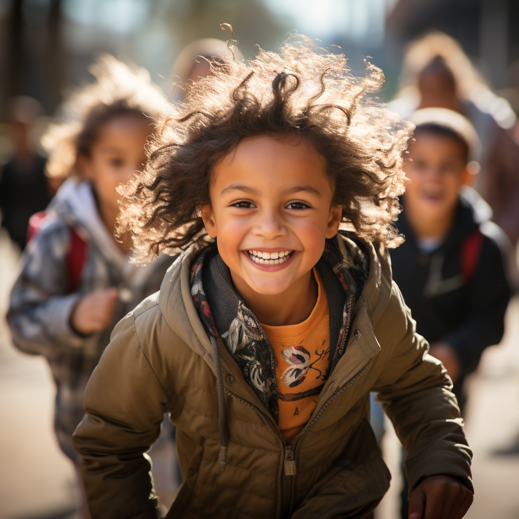 Smiling child running outdoors with other children in background, wearing a brown jacket.