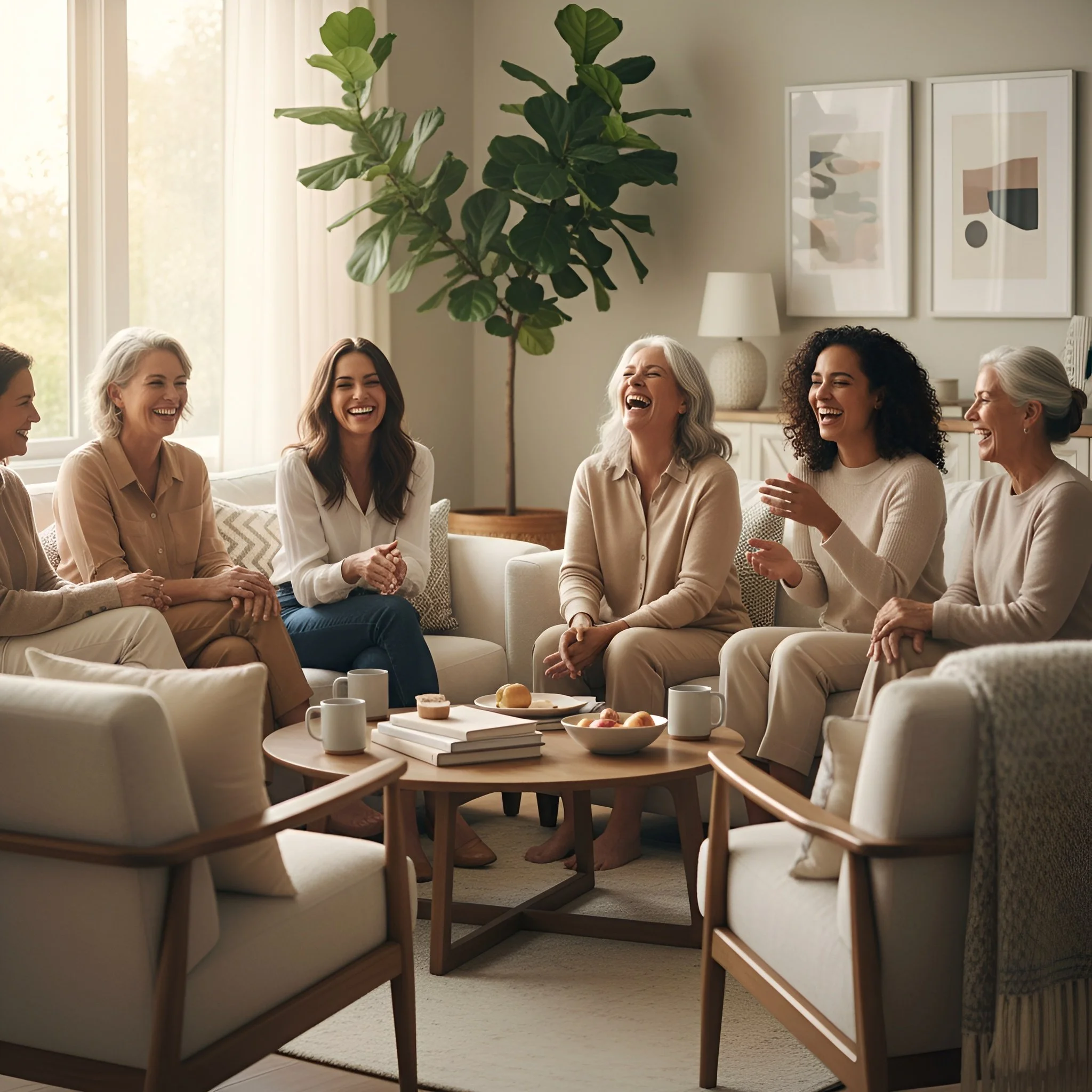 A diverse group of women of different ages sitting together in a living room, laughing and enjoying meaningful conversation in a warm, welcoming environment.