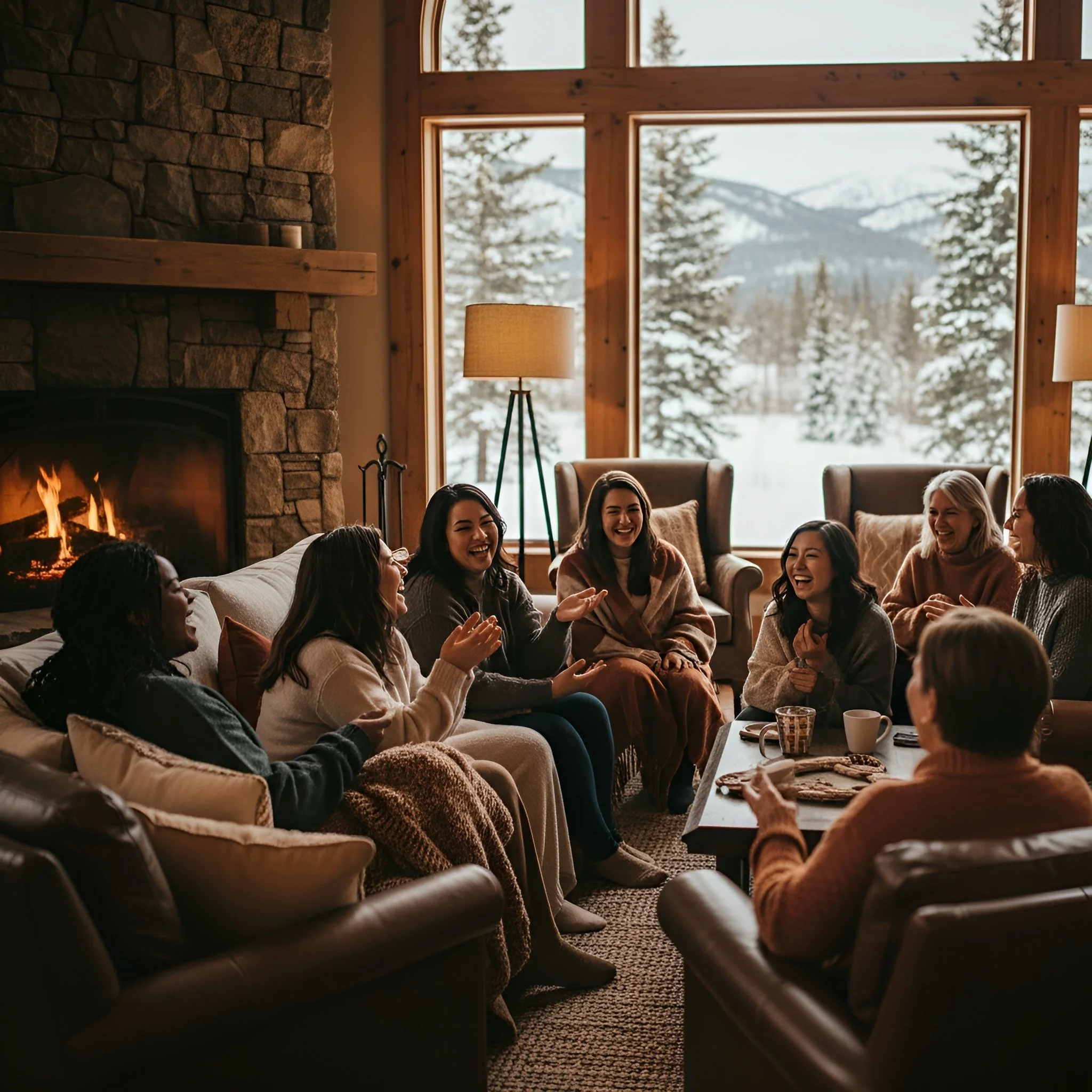 A diverse group of women sitting together in a cozy indoor retreat space, smiling and connecting in a warm, winter setting.