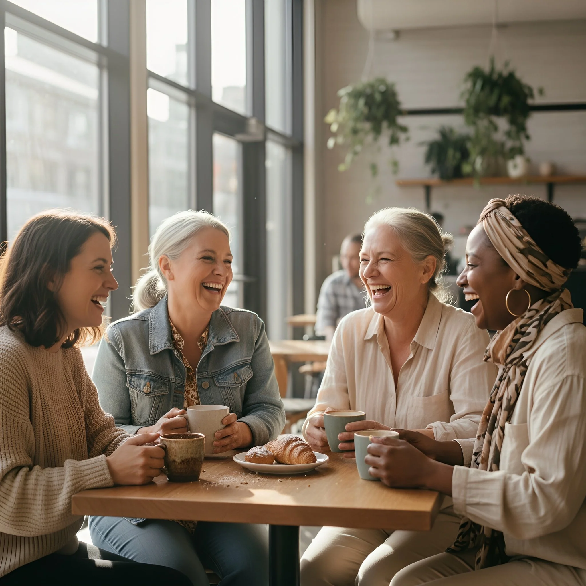 Women of different ages and ethnicities sitting together at a coffee shop, laughing and enjoying conversation in a relaxed, welcoming setting.