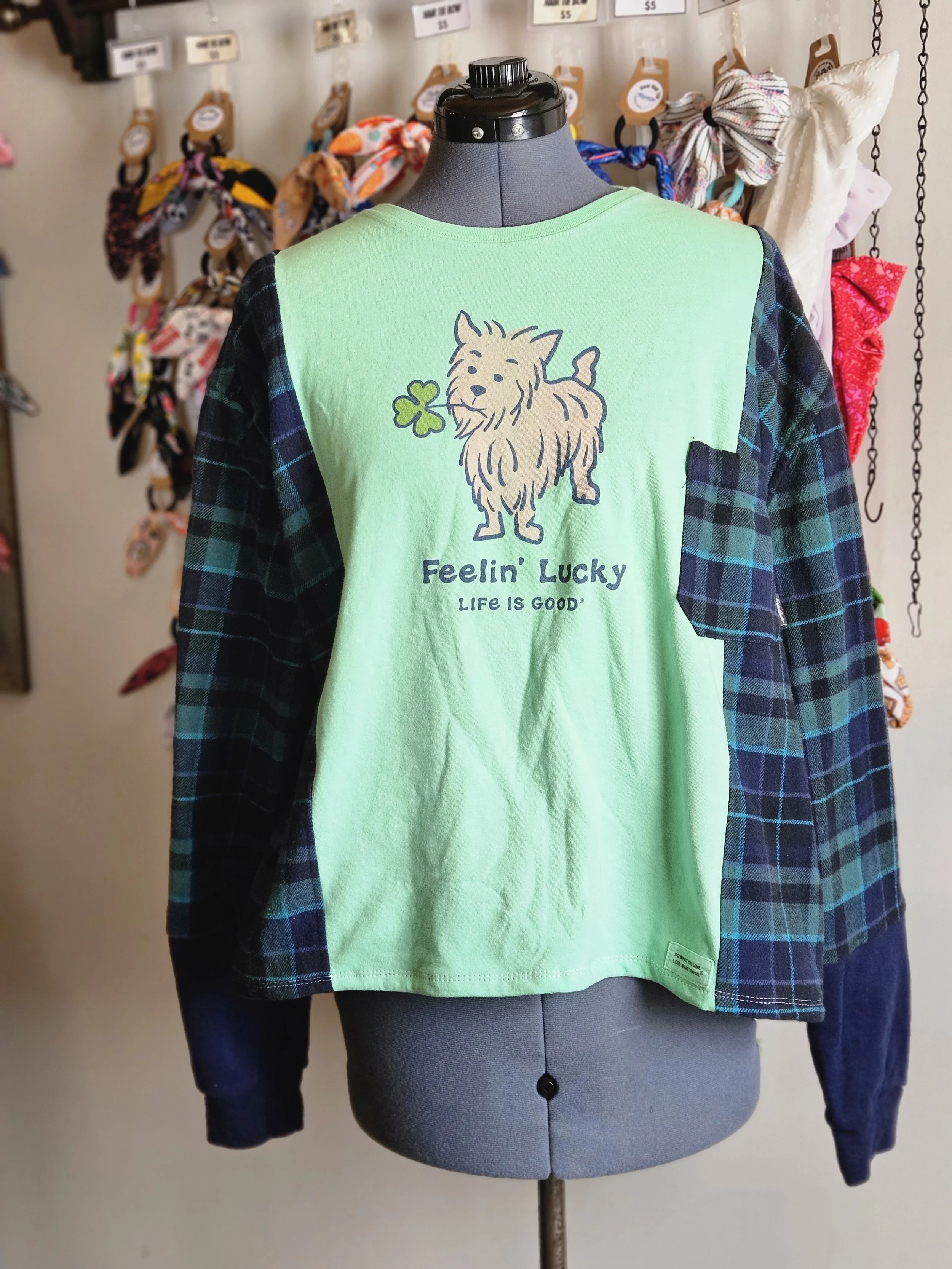 Feeling Lucky/ T-Shirt/ Flannel/Sweatshirt Hybrid Upcycle