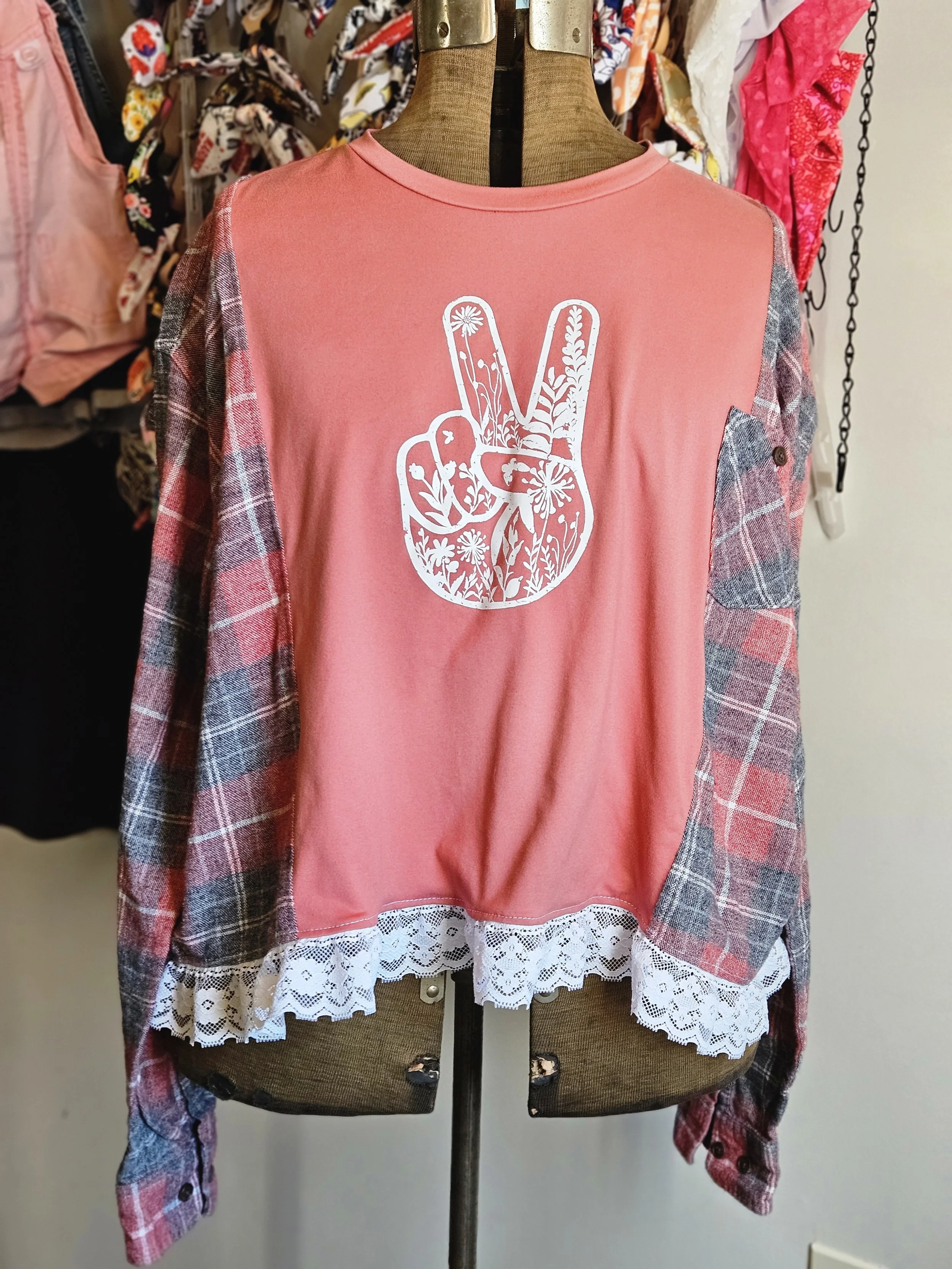 PEACE and Lace Flannel T-shirt Hybrid Upcycle