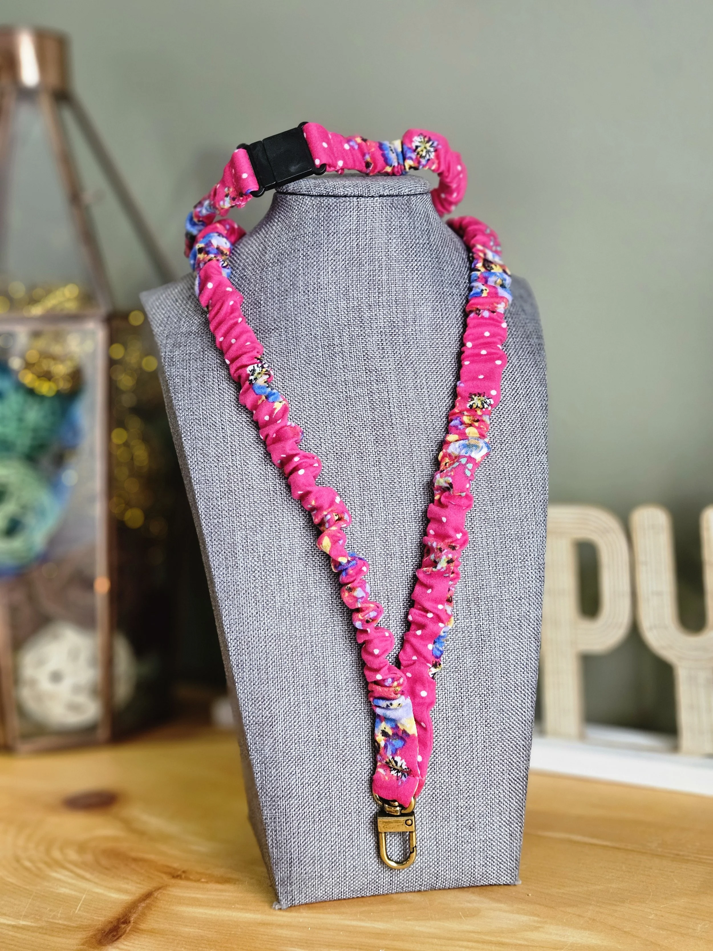 Pink with Floral Soft Knit Break-away Scrunchie Lanyard