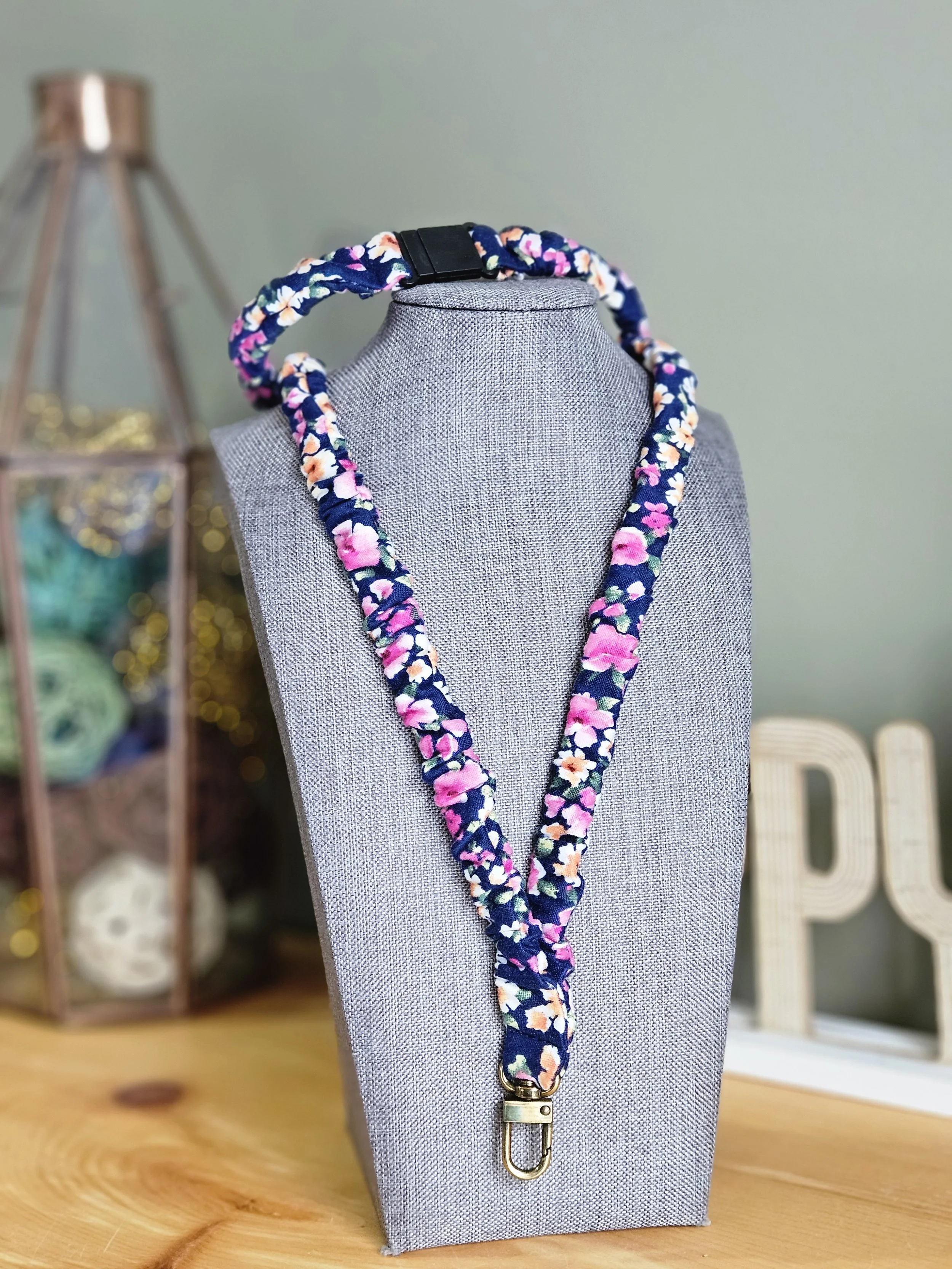 Navy with Floral Soft Knit Break-away Scrunchie Lanyard