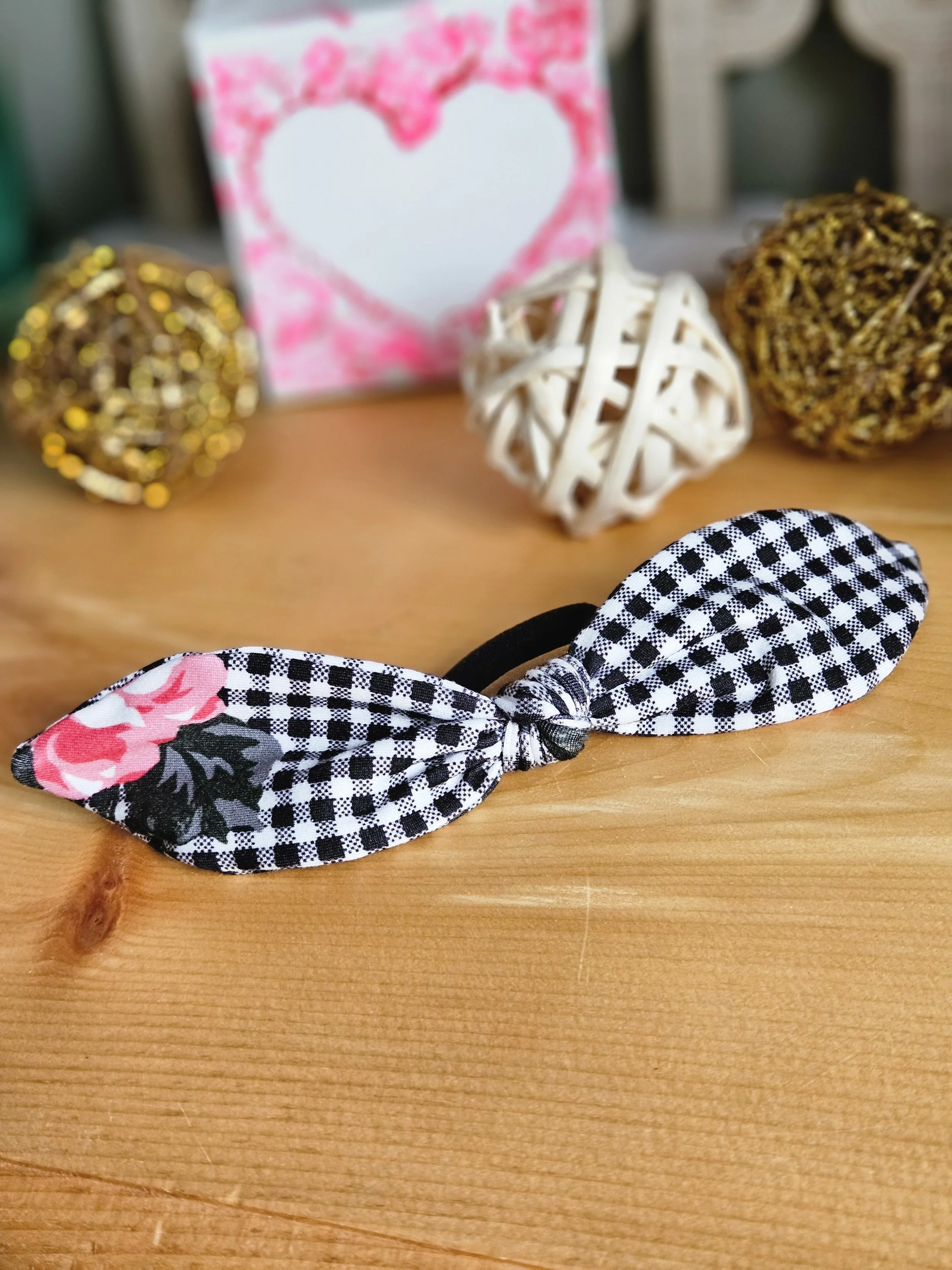 Black Check with Floral  Hair Tie Bow