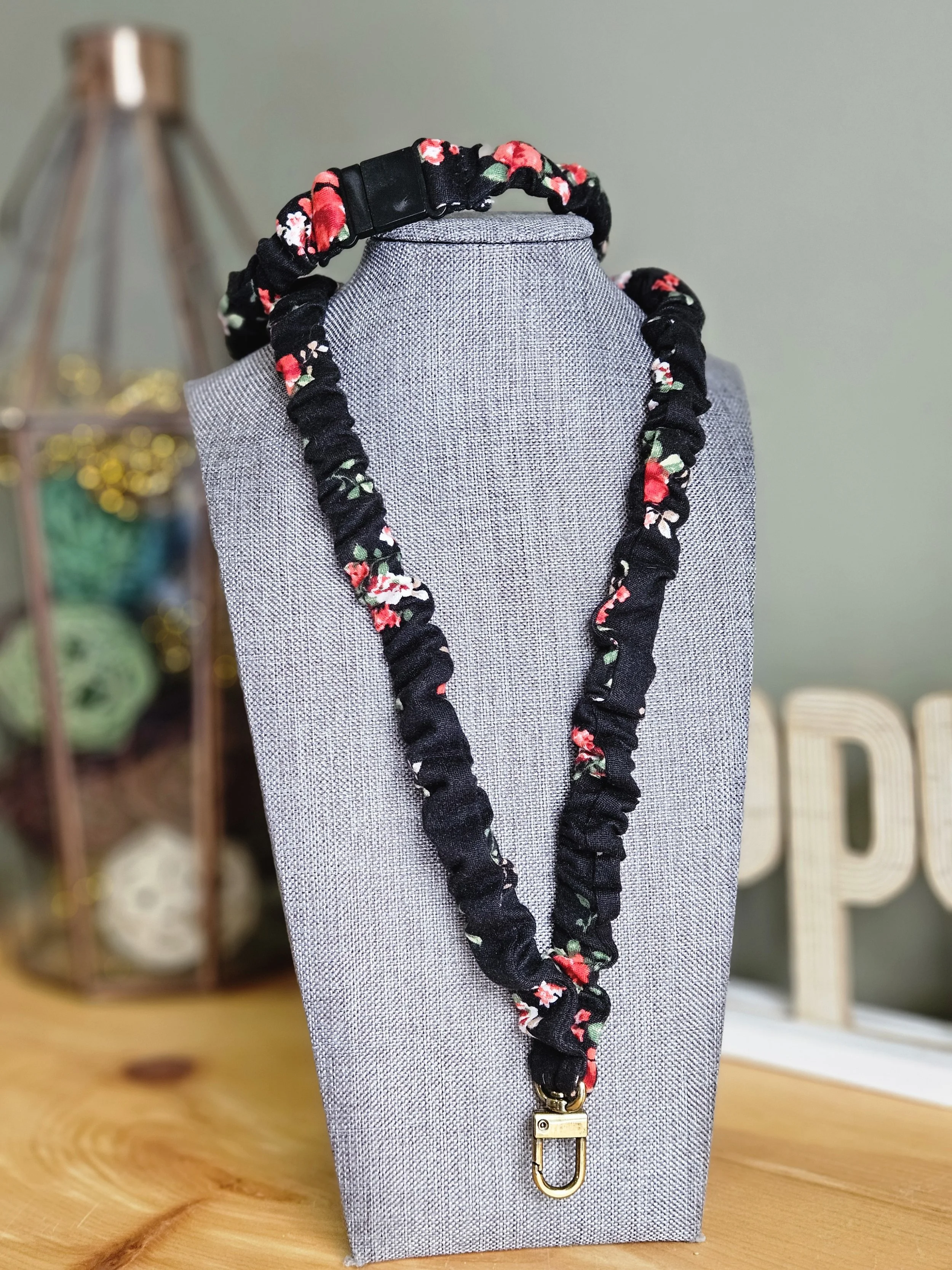 Black with Floral Soft Knit Break-away Scrunchie Lanyard