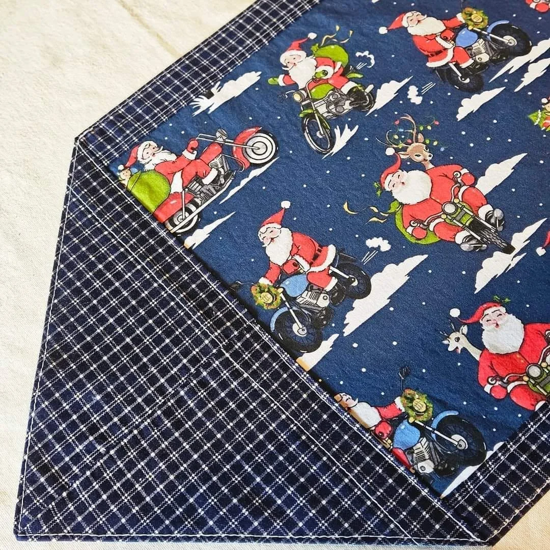 Reversible Table runner- Motorcycle Santas and Nacy Plaid