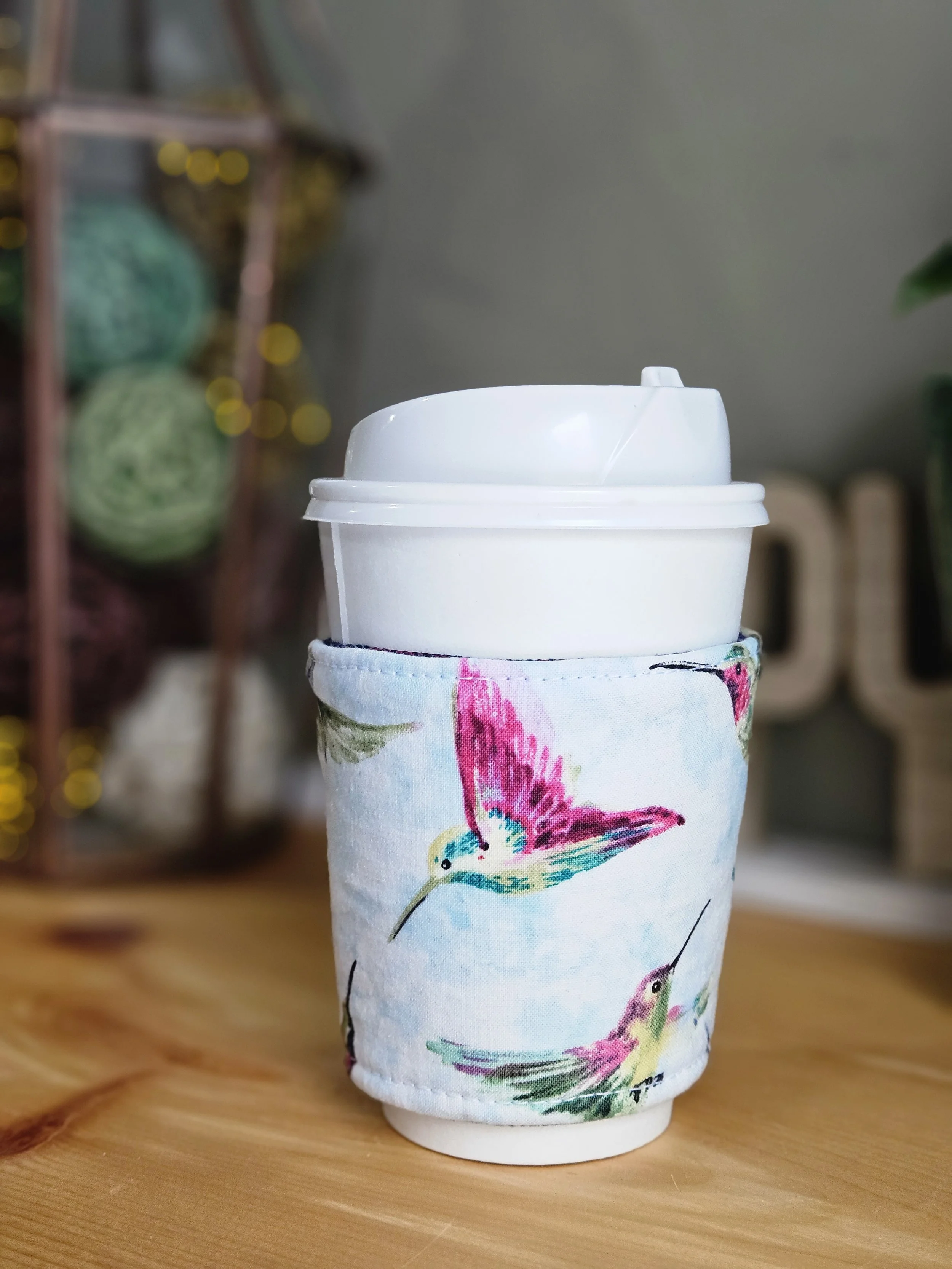 Hummingbird / Floral Denim Reversible Cup Cozy (