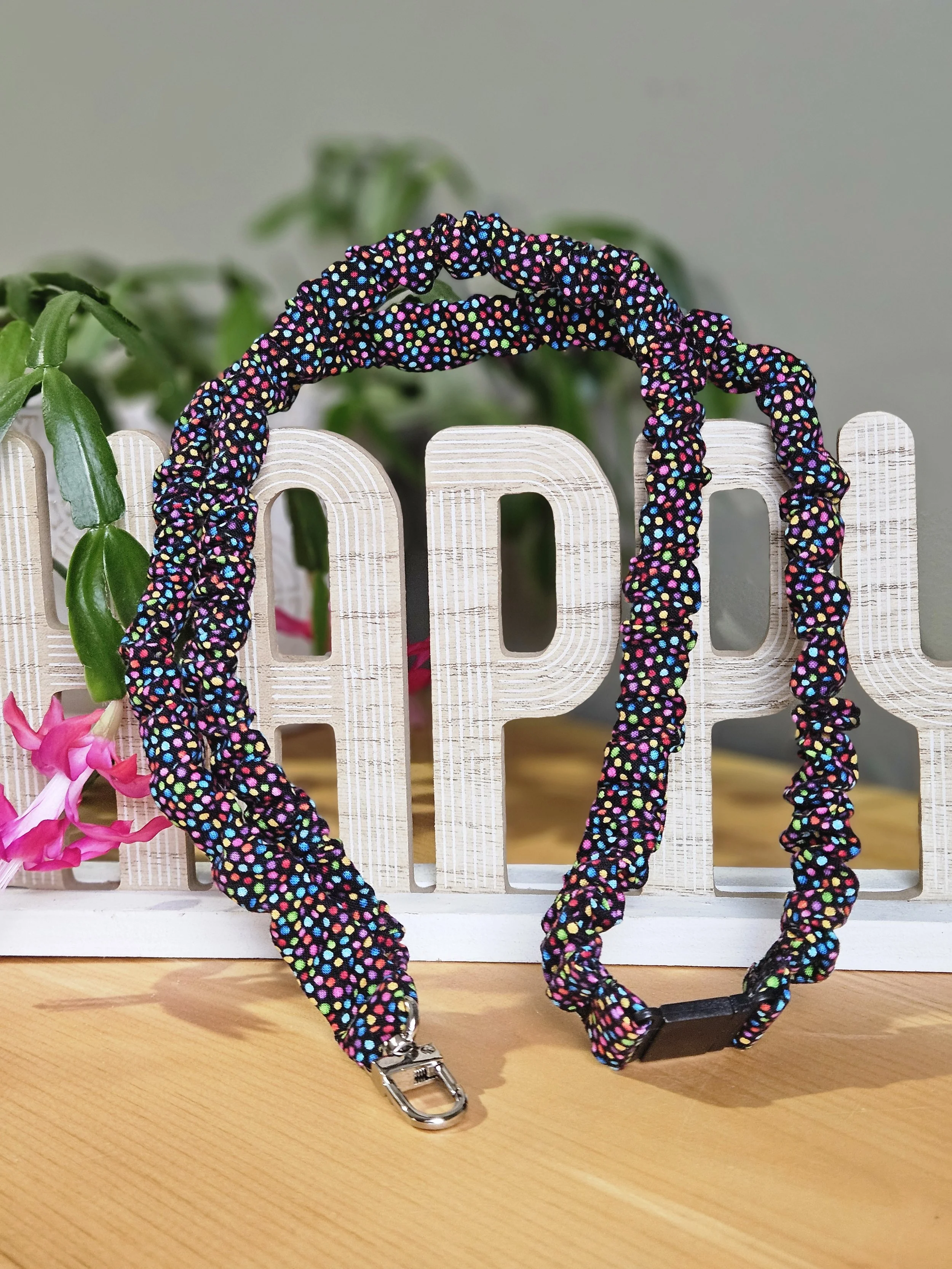 Colorful Dots On Black Cotton Break-away Scrunchie Lanyard
