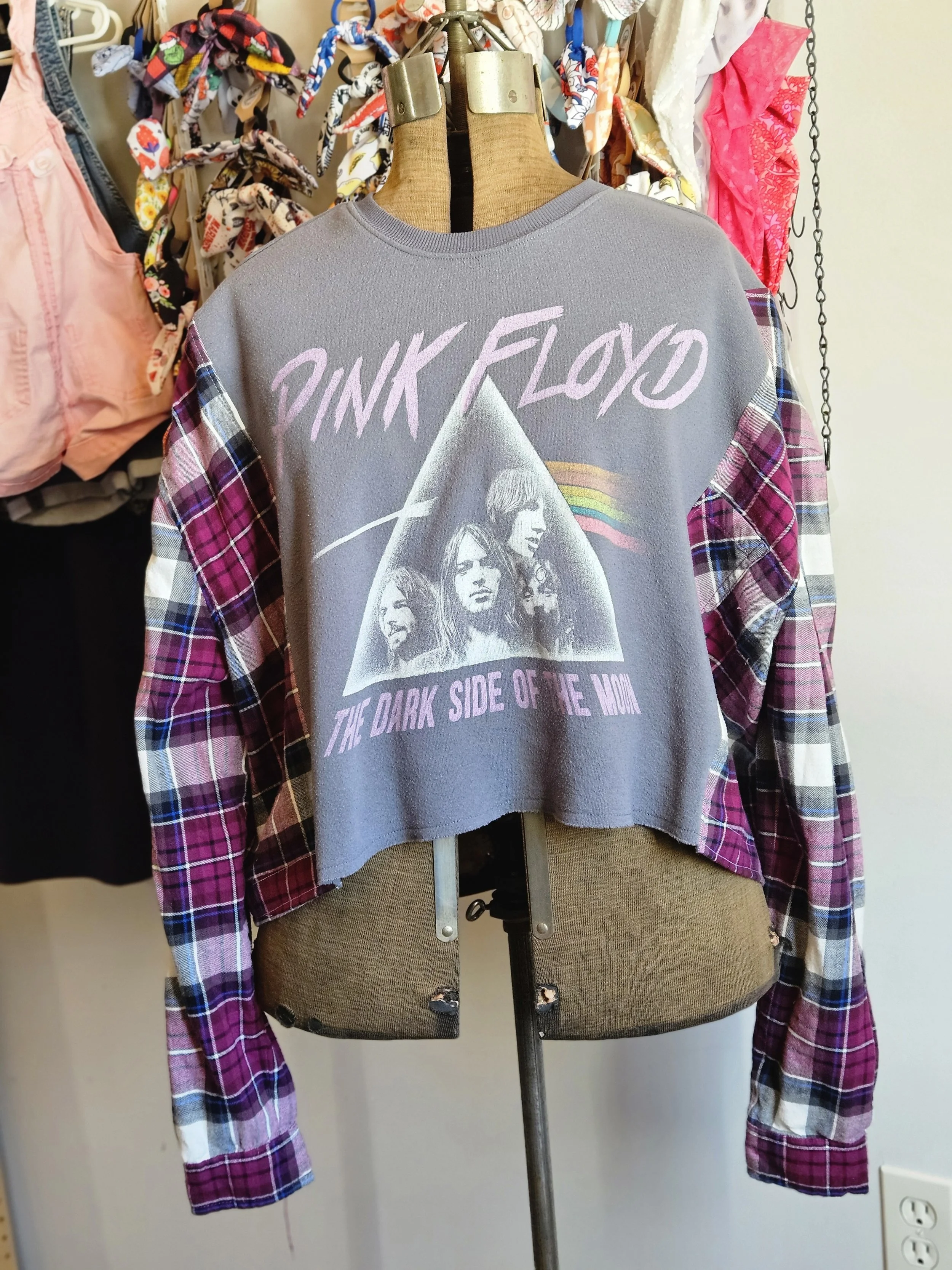 Pink Floyd Sweatshirt/ Flannel Hybrid Cropped upcycle