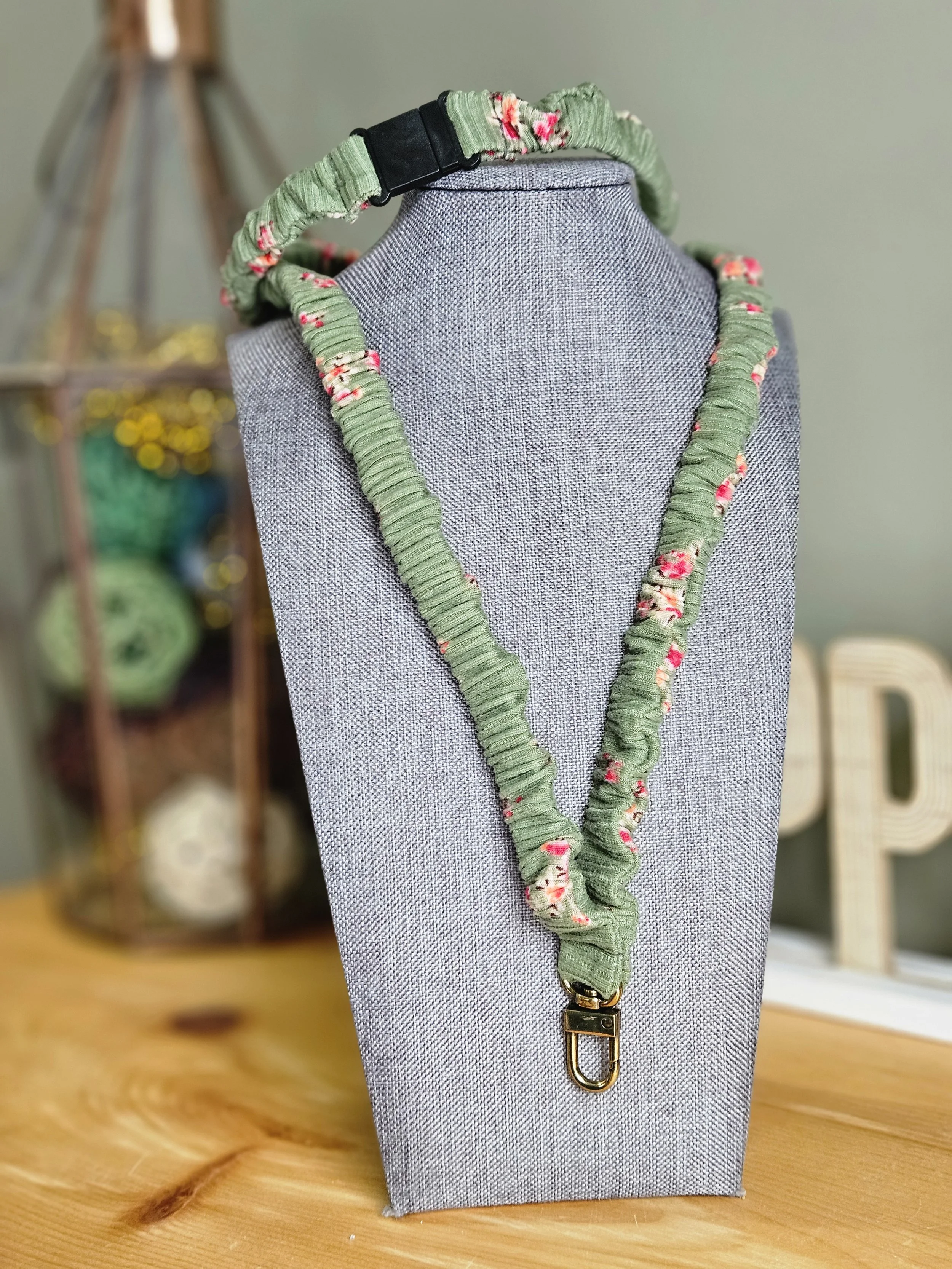 Sage and Floral Rib Knit Break-away Scrunchie Lanyard
