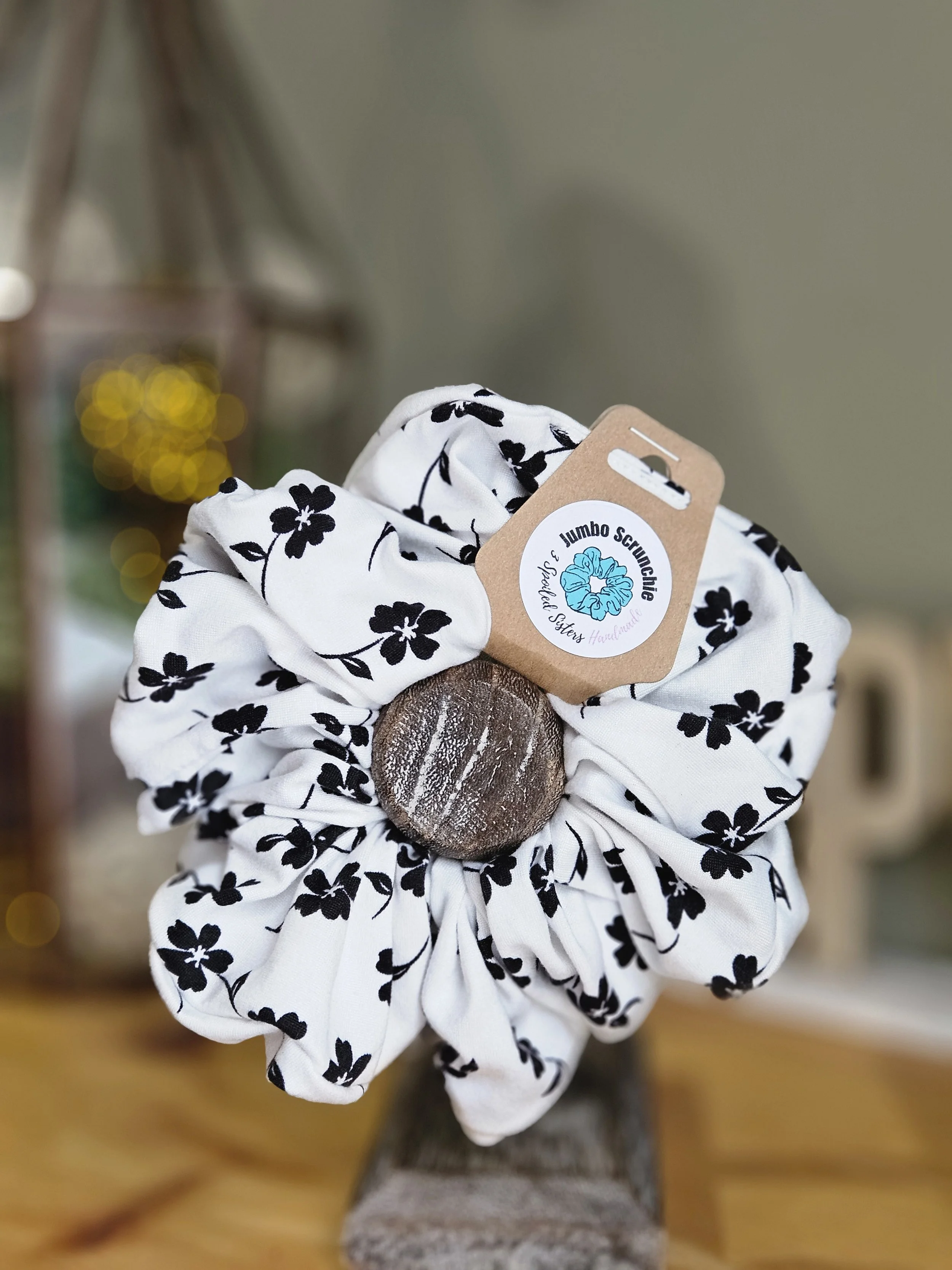 White with Black Floral Jumbo Scrunchie