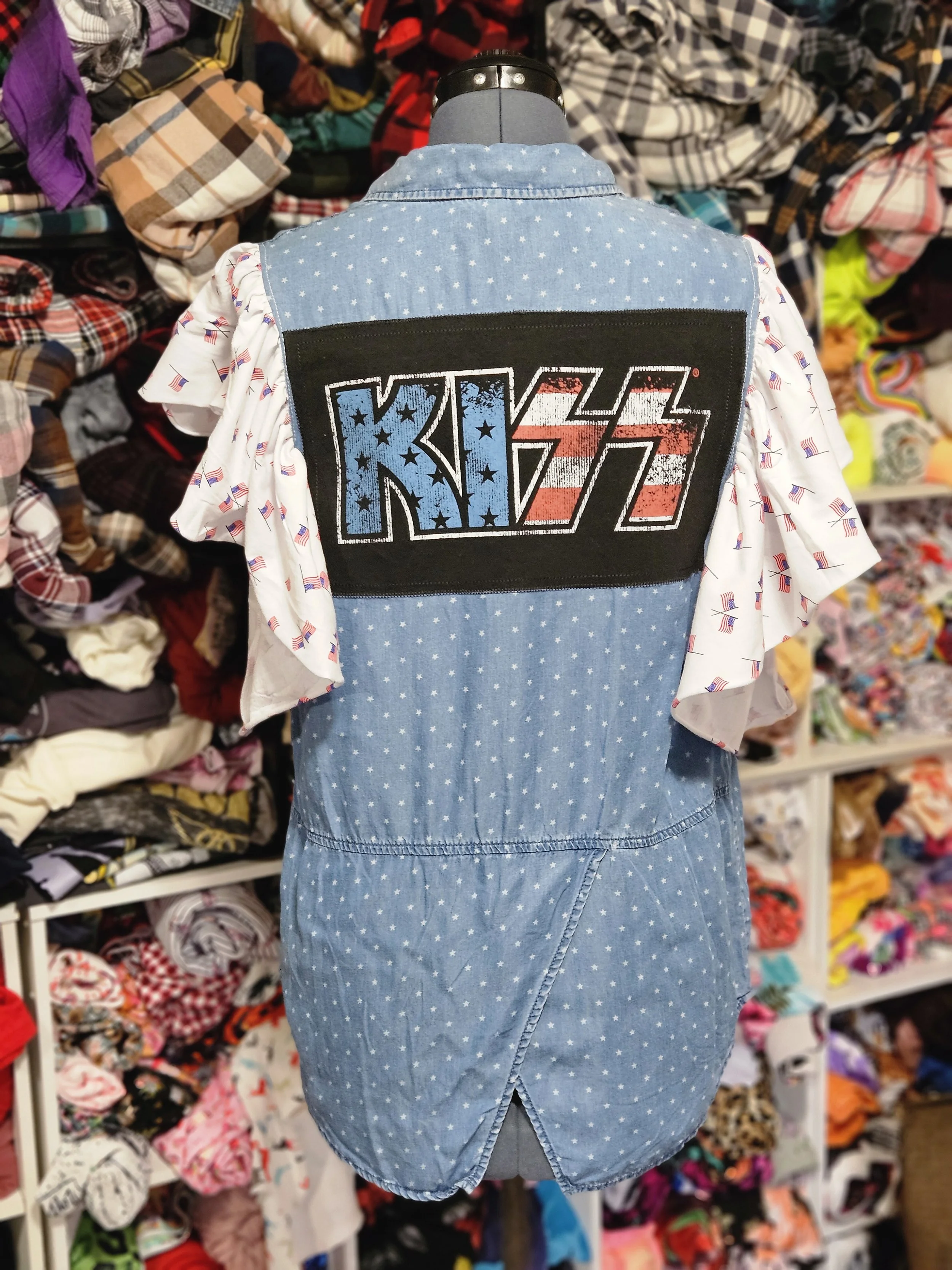 Kiss Upcycled Ruffle Sleeve shirt