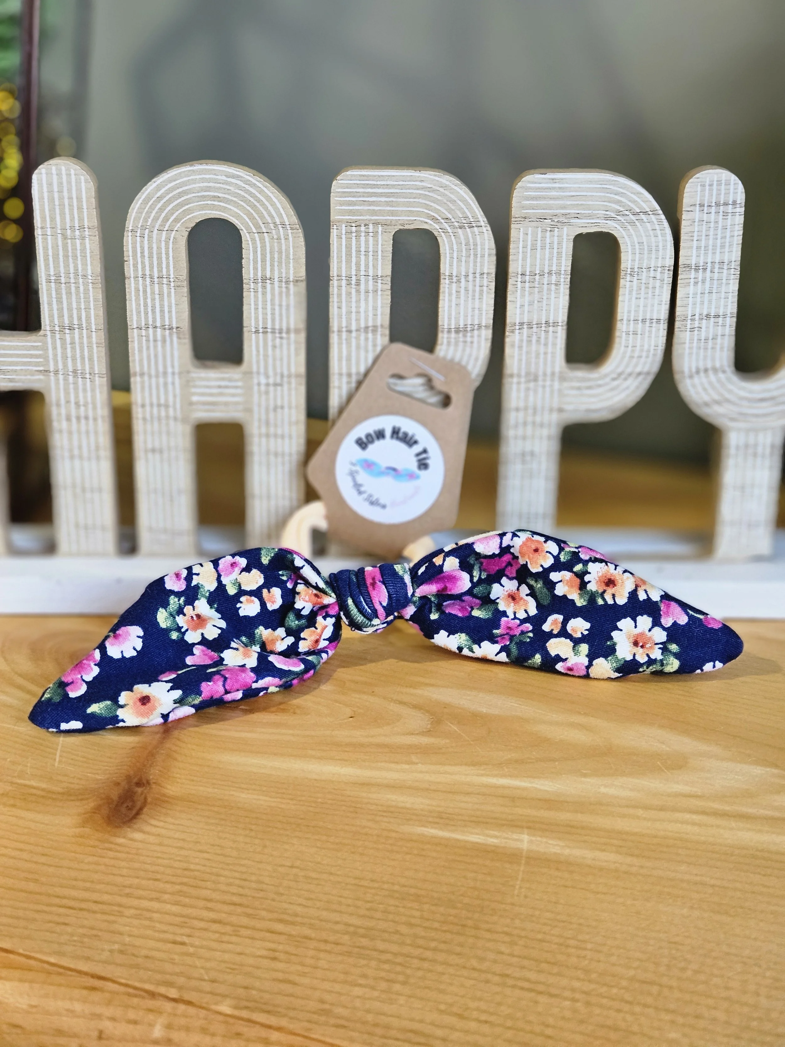 Navy and Floral Hair Tie Bow