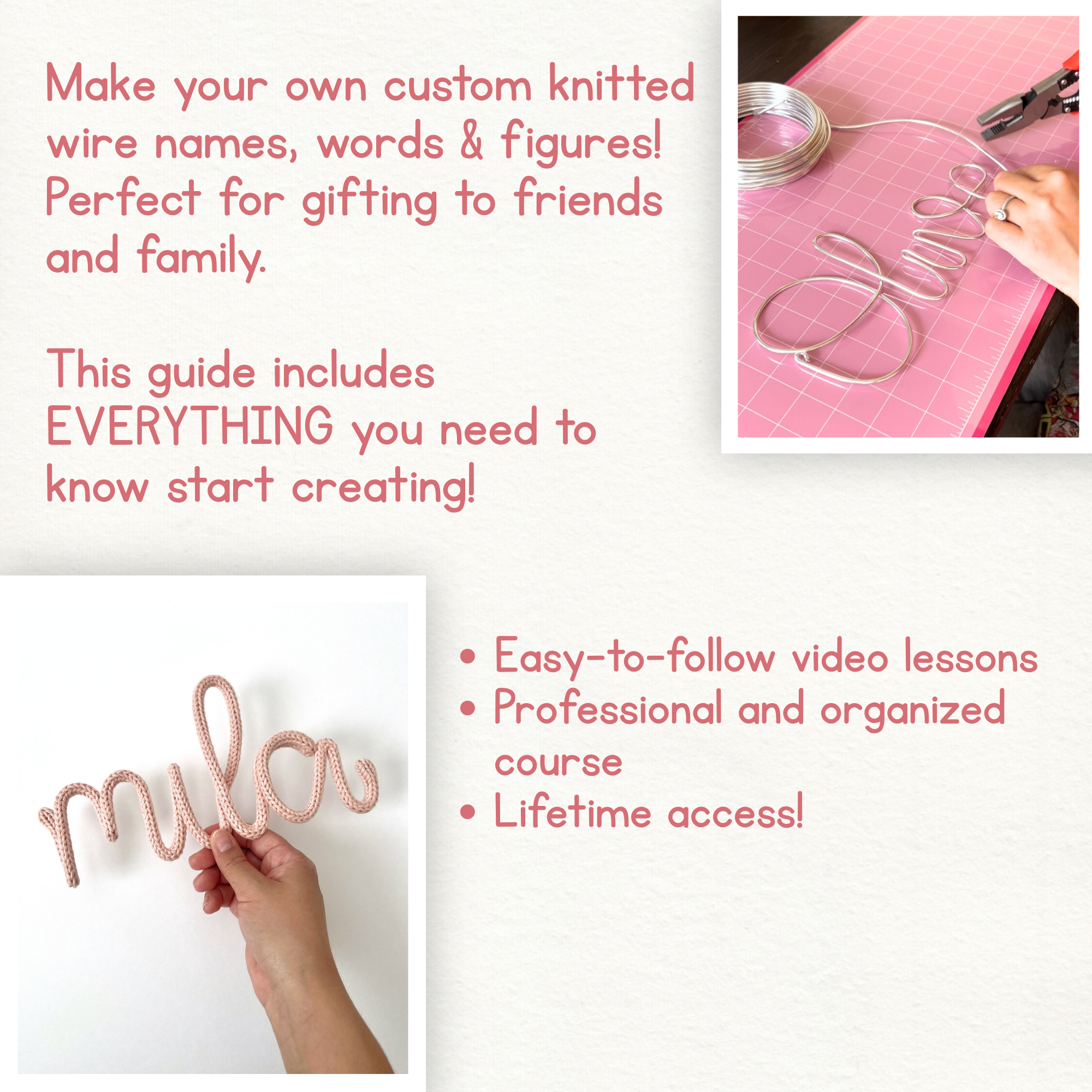 Make your own custom knitted wire names, words & figures! Perfect for gifting to friends and family.  This guide includes EVERYTHING you need to know start creating!