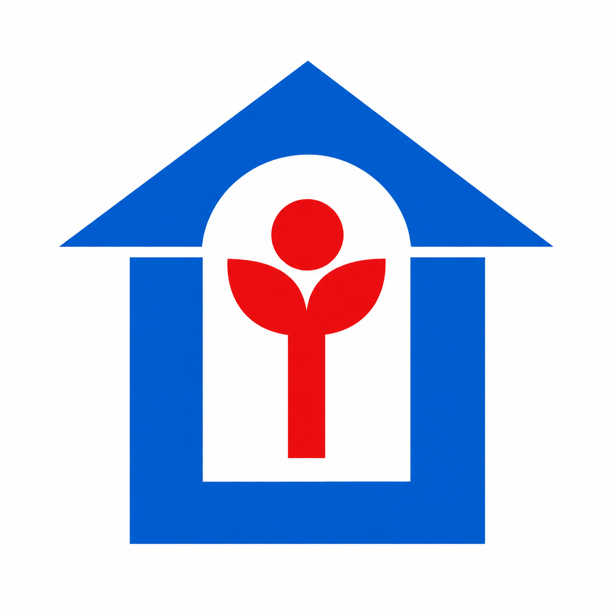 Logo de Colegio Montessori Bilingue una casa azul con figura humana y hojas en color rojo en el centro.