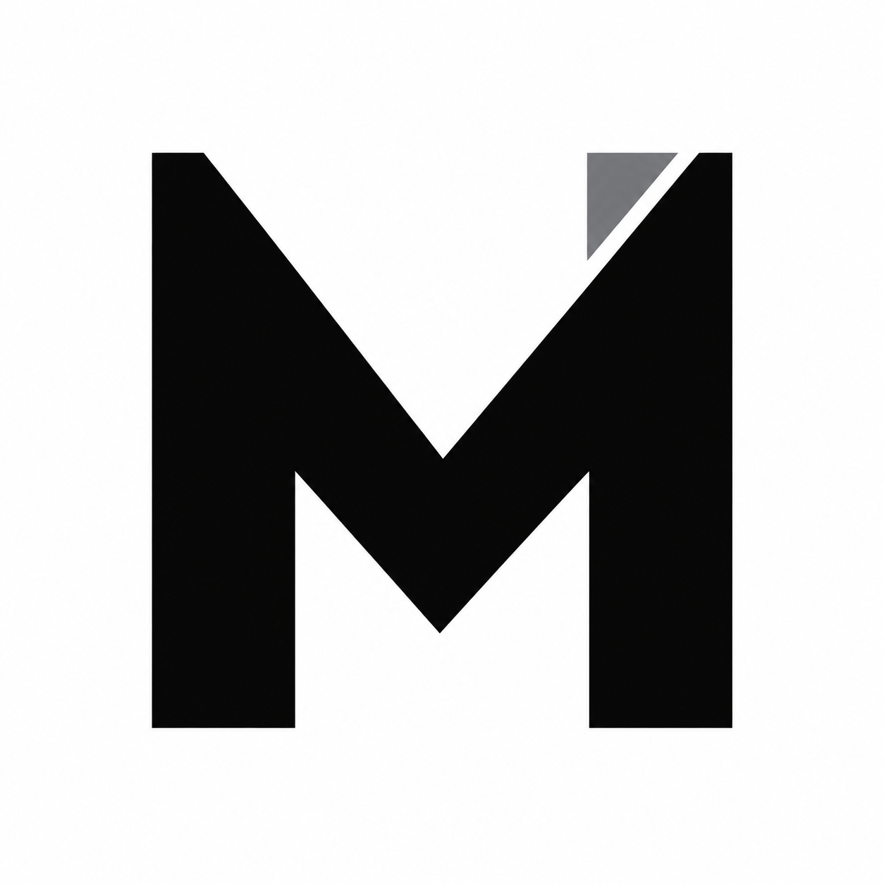 Logotipo de Dental Munguia Ibarra de color negro en forma de letra M en un fondo blanco con un pequeño triángulo gris en la esquina superior derecha.