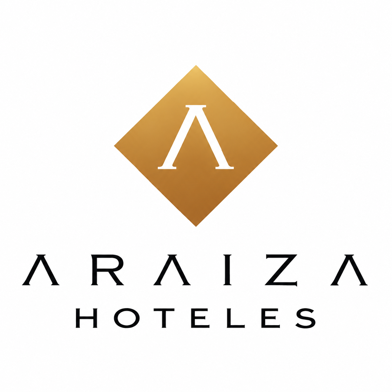 Logotipo de Arraiza Hoteles, con símbolo de una letra lambda en un fondo dorado y letras negras debajo.