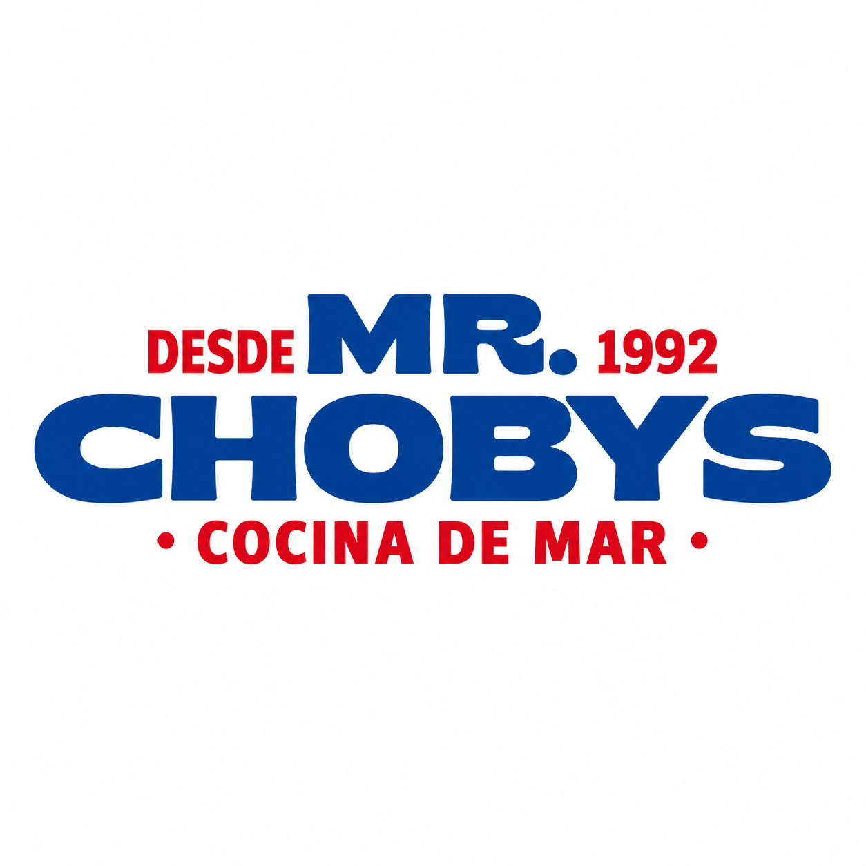 Logotipo de Mr. Choby's, una marca de cocina de mar desde 1992, con texto en letras grandes en azul y rojo.