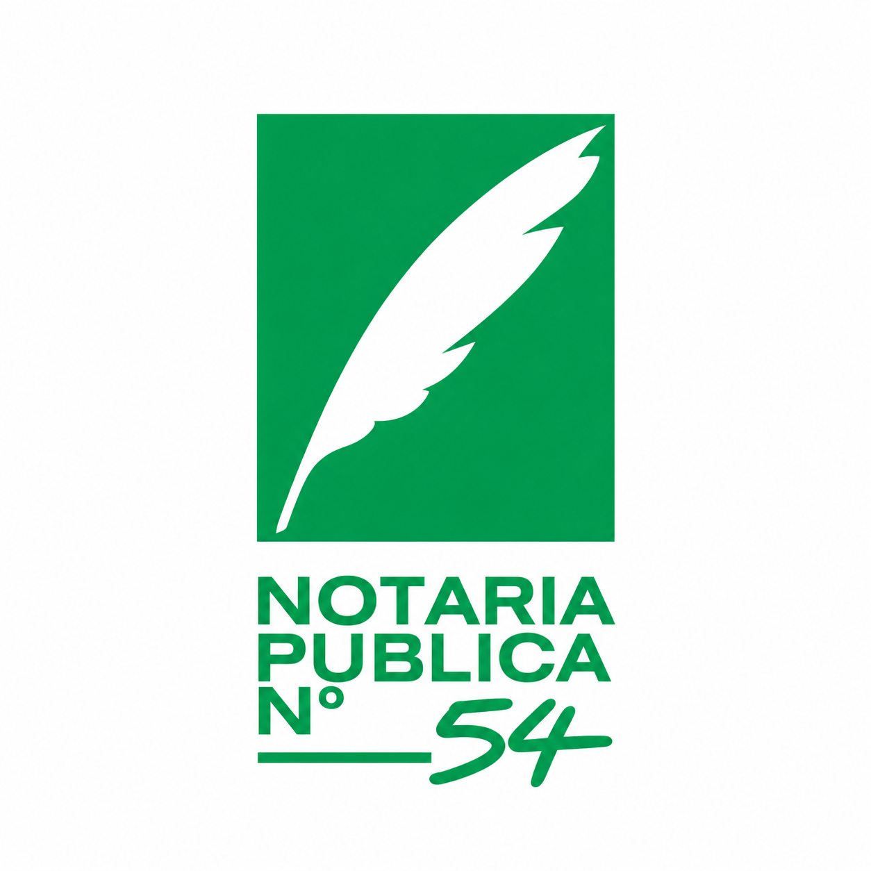 Logotipo de notaría pública número 54 de Sonora con pluma blanca en fondo verde y texto en letras verdes.