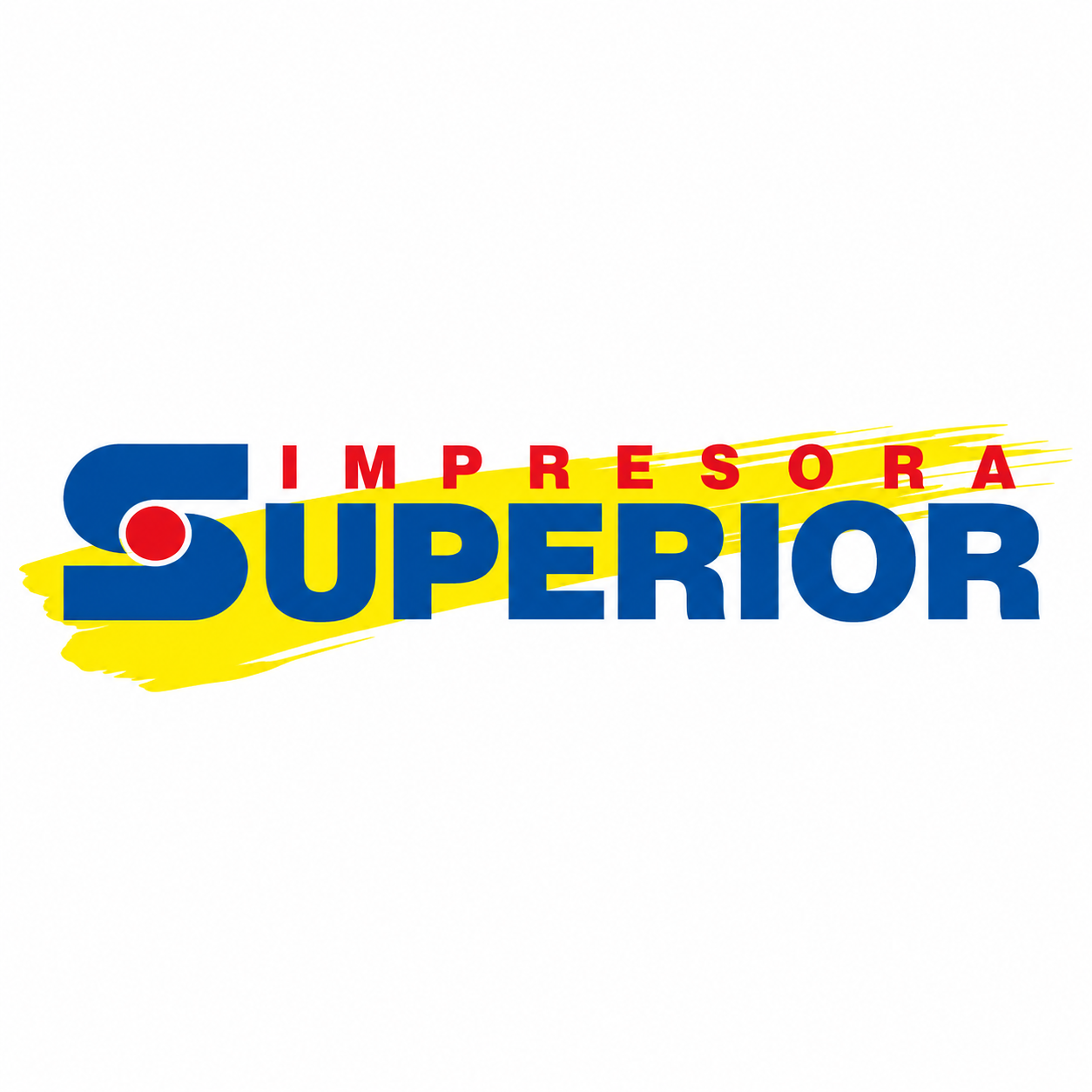 Logotipo de imprenta con letras grandes azules, fondo con detalles en amarillo y texto en rojo "Impresora Superior".