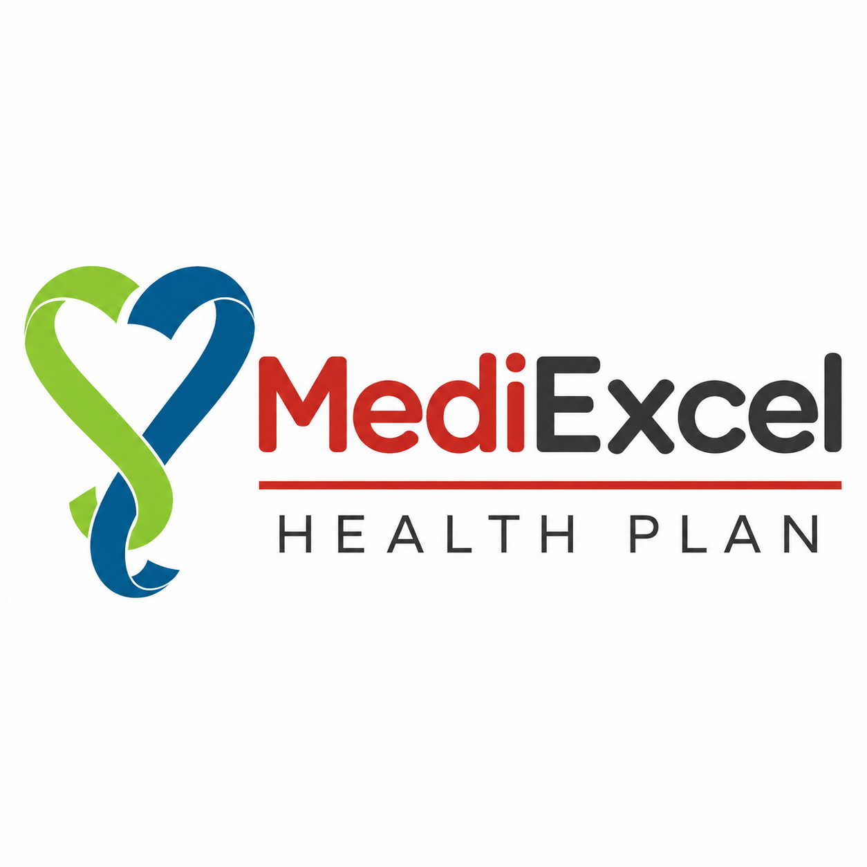Logo de MediExcel, plan de salud, con un corazón estilizado verde y azul, y el texto "MediExcel" en rojo y negro, seguido por "Health Plan" en negro.