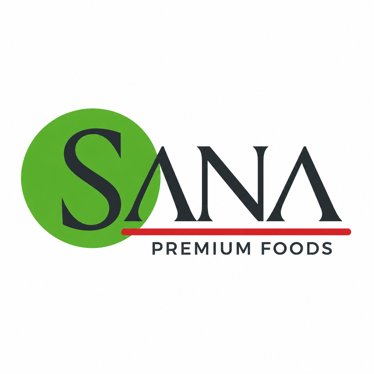 Logo de SANA Food en colores verde, negro y rojo.