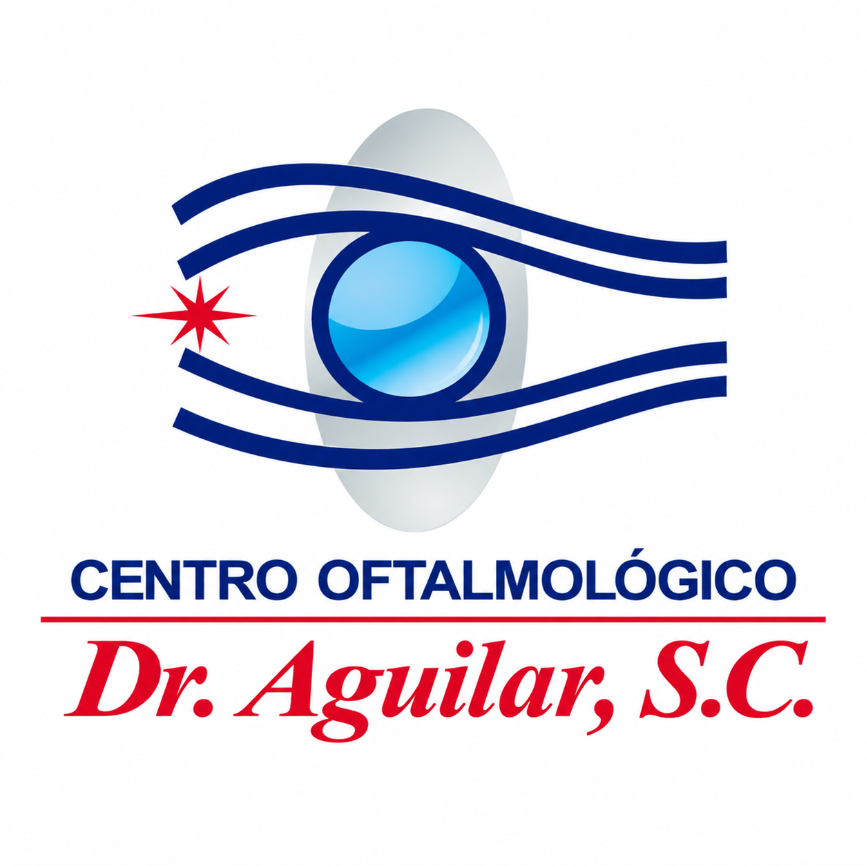 Logotipo del centro oftalmológico Dr. Aguilar, S.C., con un ojo estilizado y líneas azules que representan visión/calidad visual.