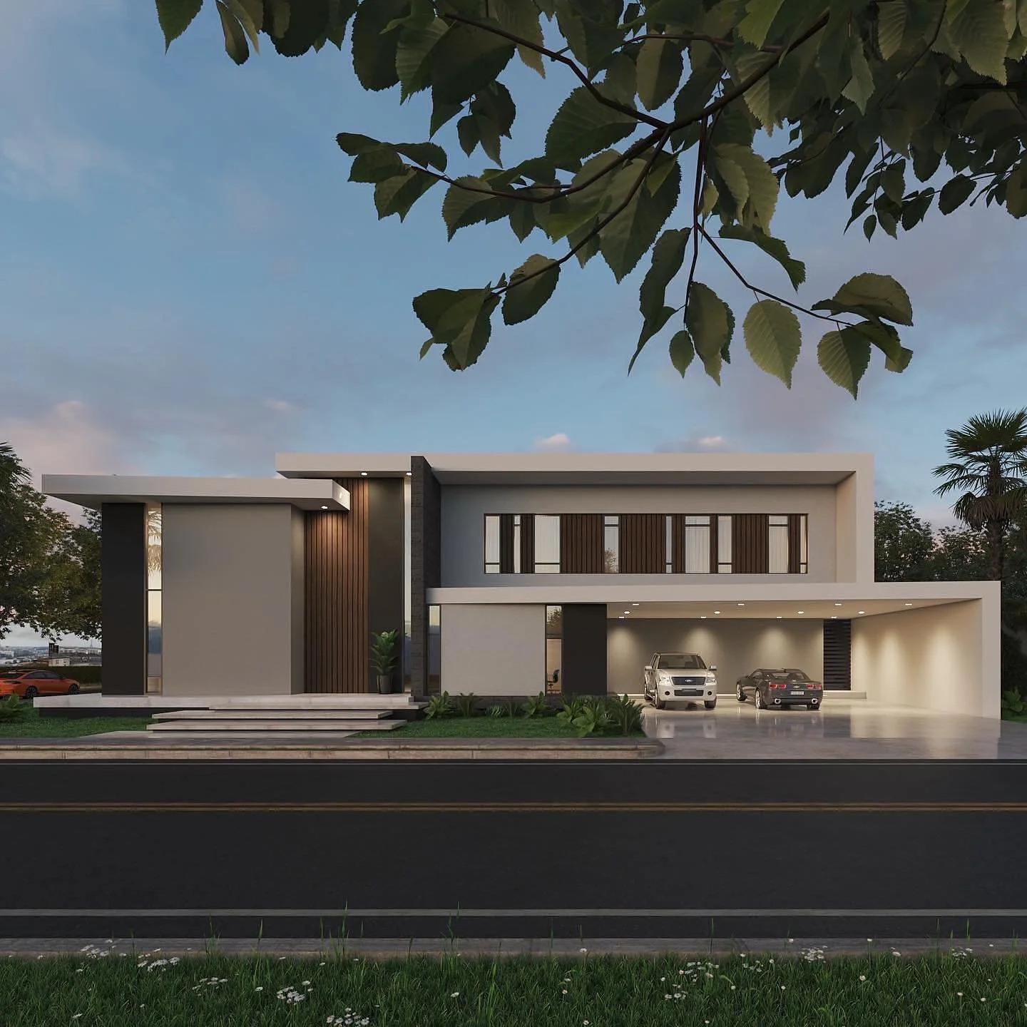 Modern two-story house with a flat roof, parking area with two cars, landscaped front yard, and trees in the background under a partly cloudy sky. Diseño de casa moderna creada por arquitectos en San Luis Rio Colorado.