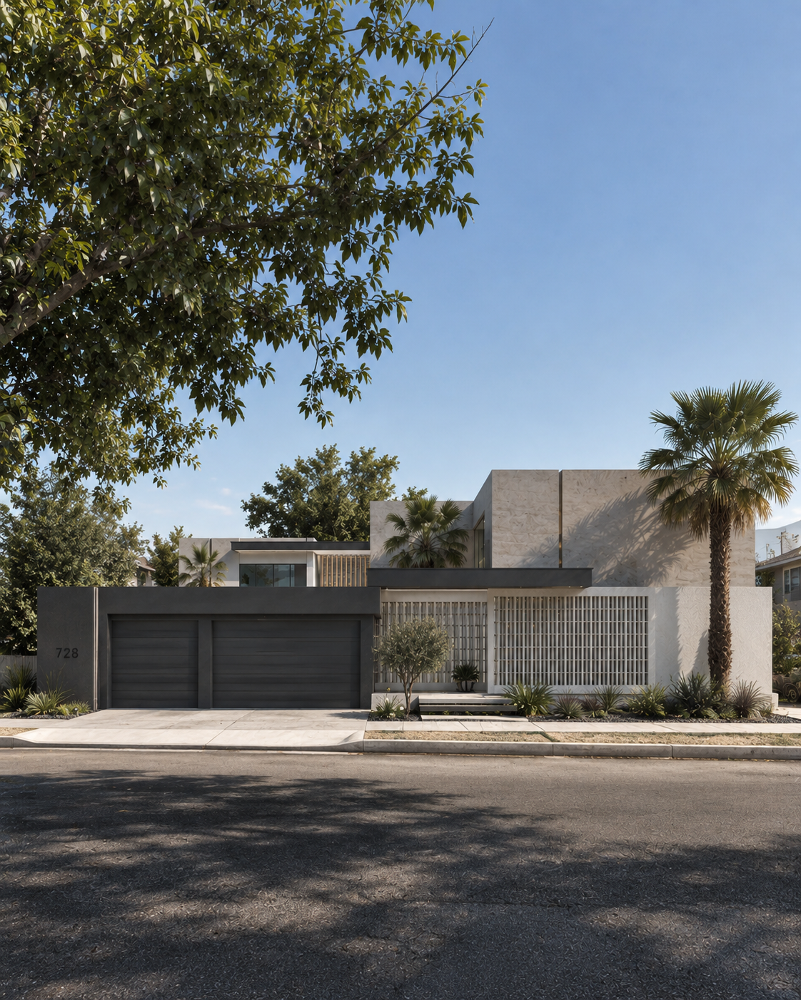 Modern two-story house with a flat roof, parking area with two cars, landscaped front yard, and trees in the background under a partly cloudy sky. Diseño de casa moderna creada por arquitectos en San Luis Rio Colorado.