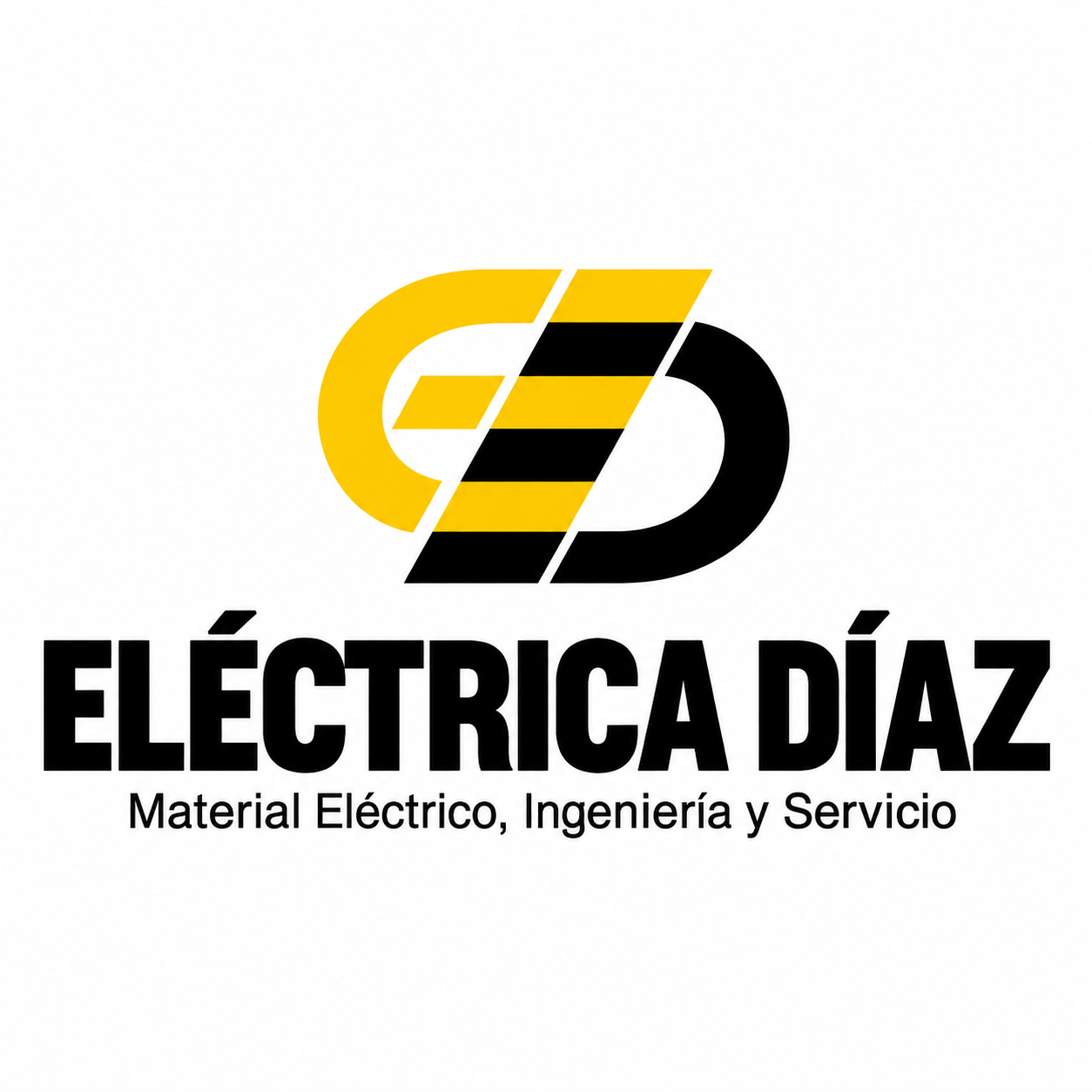 Logotipo de Eléctrica Díaz con letras en negro y diseño en amarillo y negro. Texto: Material Eléctrico, Ingeniería y Servicio.