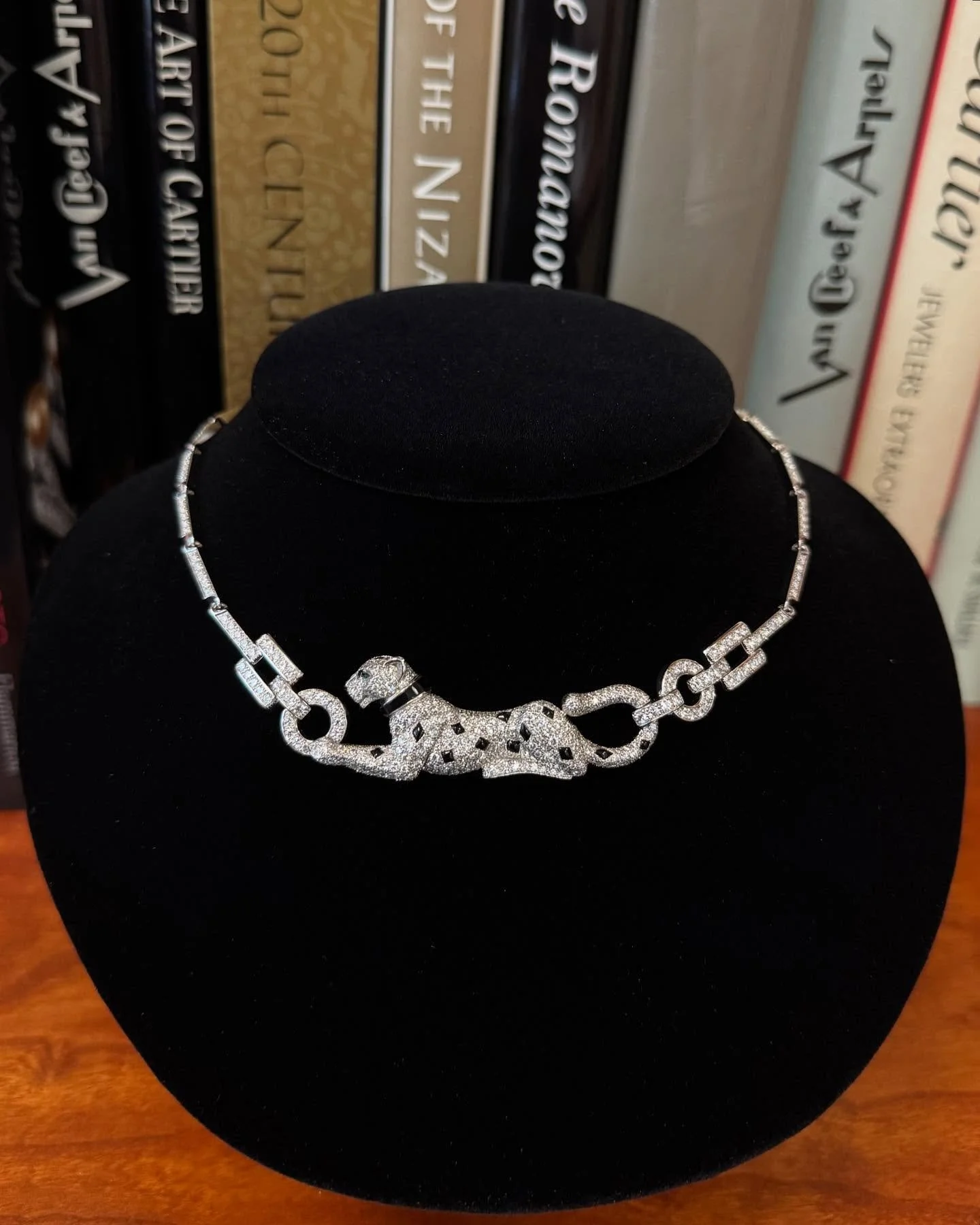 Cartier &lsquo;Dame &agrave; la Panth&egrave;re&rsquo; necklace, featuring a diamond-set panther with pear-shaped emerald eye and carved onyx nose, spots and collar, set in 18k white gold. 

~Sold~

#cartier #cartierhighjewelry #cartierpanthere #cart