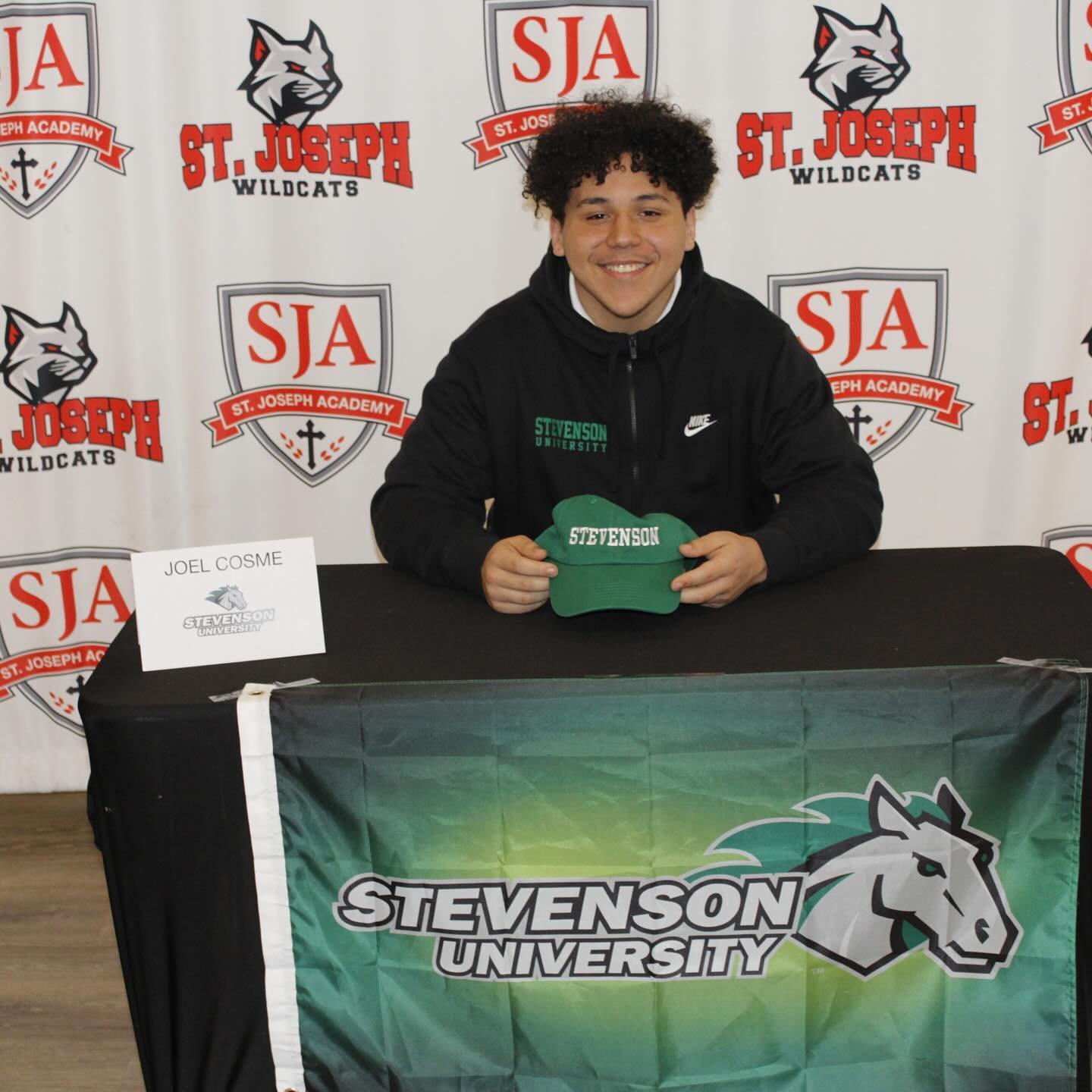 Congratulations to Joel Cosme who signed his National Letter of Intent to continue his academic and athletic career at Stevenson University! #FaithFamilyFuture