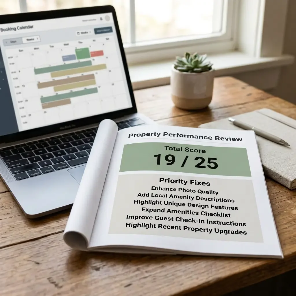 Property Performance Review report open on a wooden desk showing a sage-green Total Score panel reading 19 out of 25 and a Priority Fixes list of six items, beside a laptop displaying a generic booking calendar, a succulent, notebook, and pen.