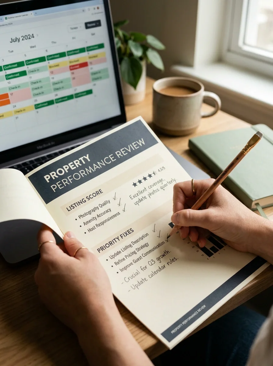 Hands reviewing a printed Property Performance Review with listing score and priority fixes, beside a laptop showing a booking calendar, representing the STR Starter Audit service.