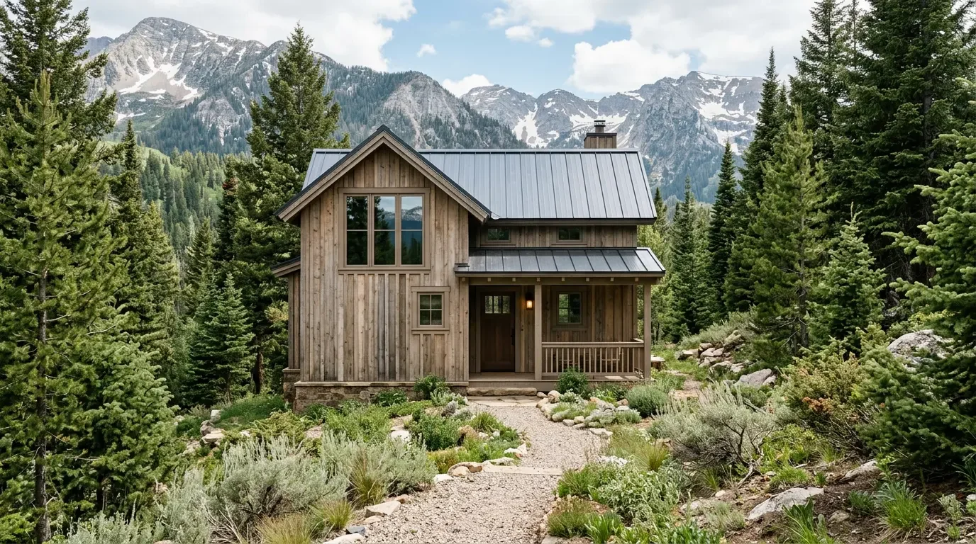 Wood-sided cabin with a metal roof and covered porch set among evergreen trees, with a gravel pathway and mountain peaks in the background.