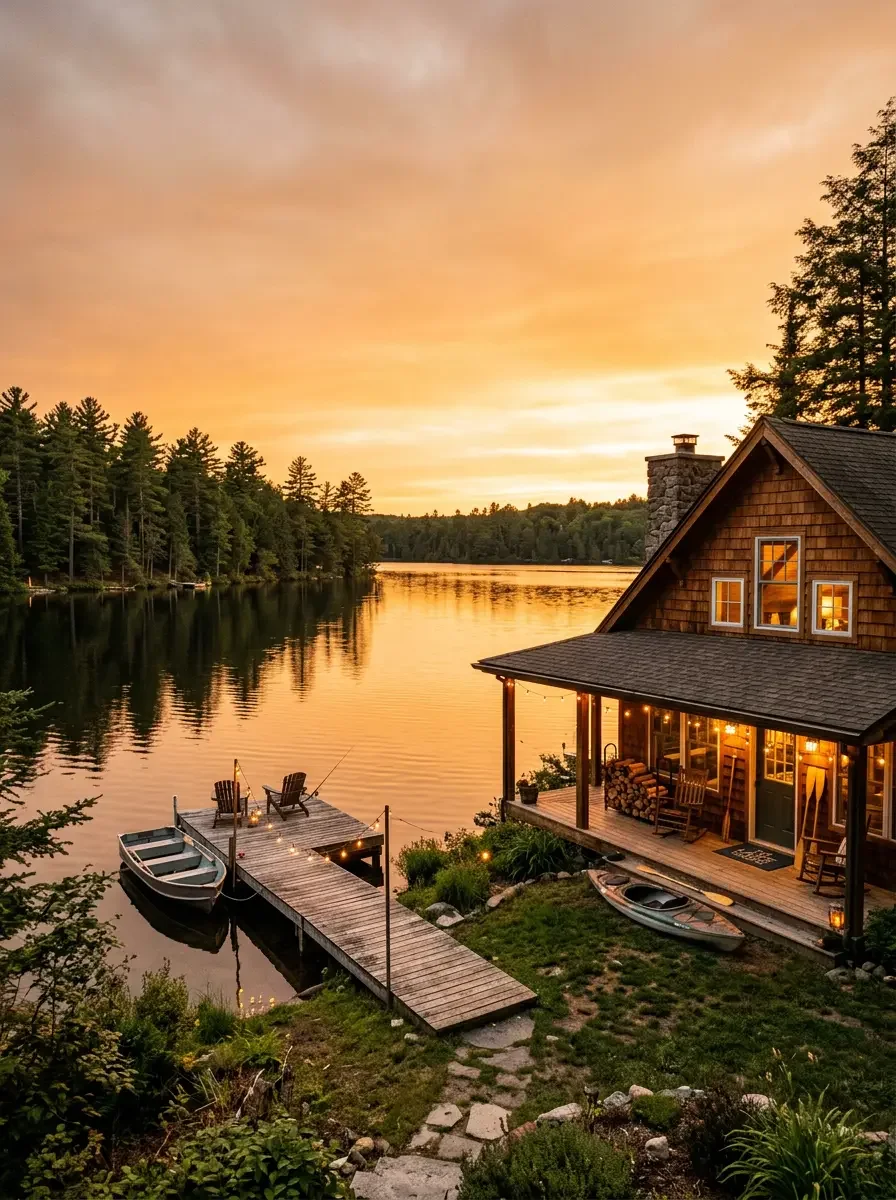 Wooden lake house with a warmly lit porch at golden hour, overlooking a dock with a rowboat and canoe on calm water surrounded by pines.