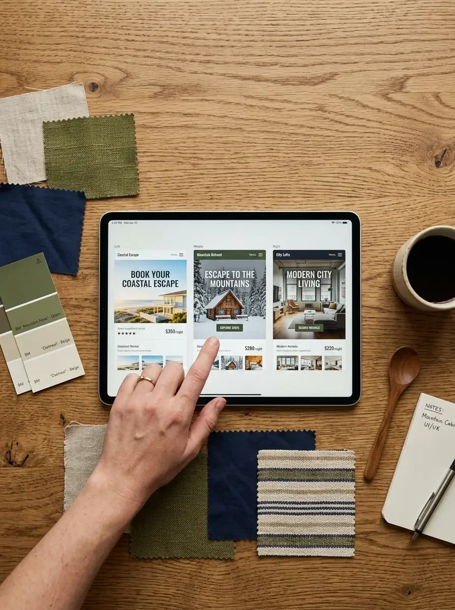 Hand selecting between three vacation rental website mockups on a tablet, surrounded by fabric swatches and paint chips, representing the Website Templates service.