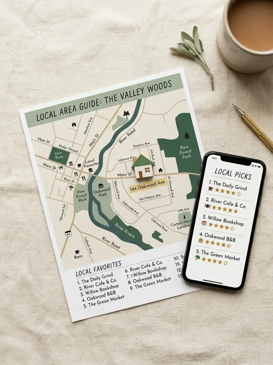 Illustrated local area map with a small house marker beside a phone showing top-rated local picks, representing the Visibility Setup service.